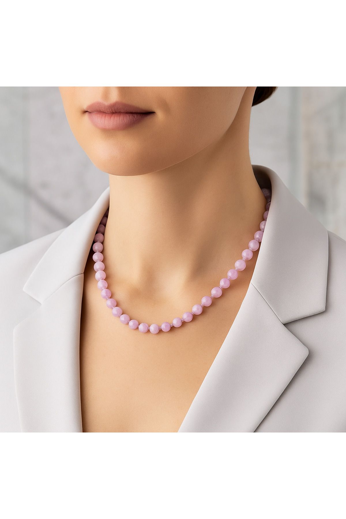 Safnaturel IGSL Sertifikalı Kunzit 6 mm Düğümlü Doğal Taş Kolye