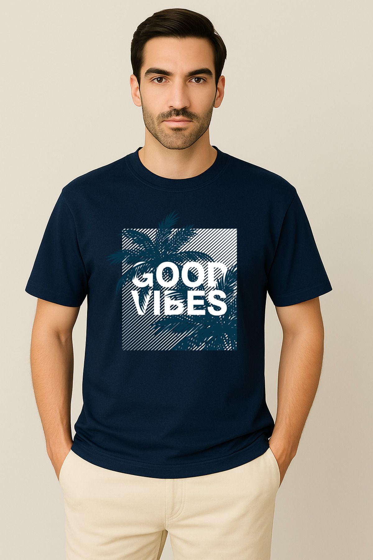 PARSHEY Erkek - Kadın %100 Pamuk Good Vibes Palmiye Desenli Baskılı Yarım Kollu Bisiklet Yaka T-Shirt