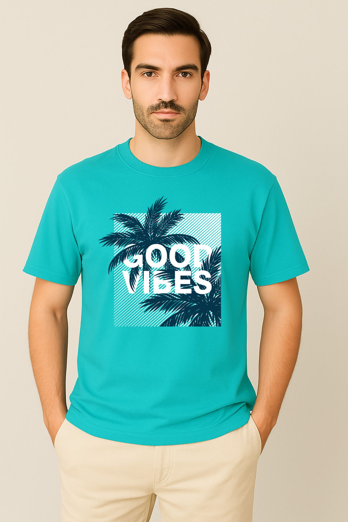 PARSHEY Erkek - Kadın %100 Pamuk Good Vibes Palmiye Desenli Baskılı Yarım Kollu Bisiklet Yaka T-Shirt