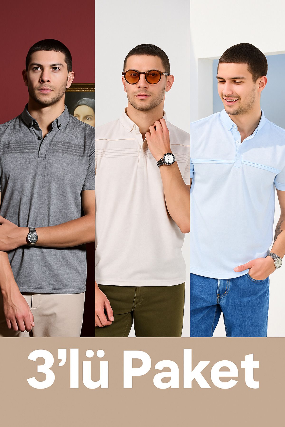 DAMGA JEANS Erkek 3'Lü Paket Çizgili Keten Polo Yaka Tişört