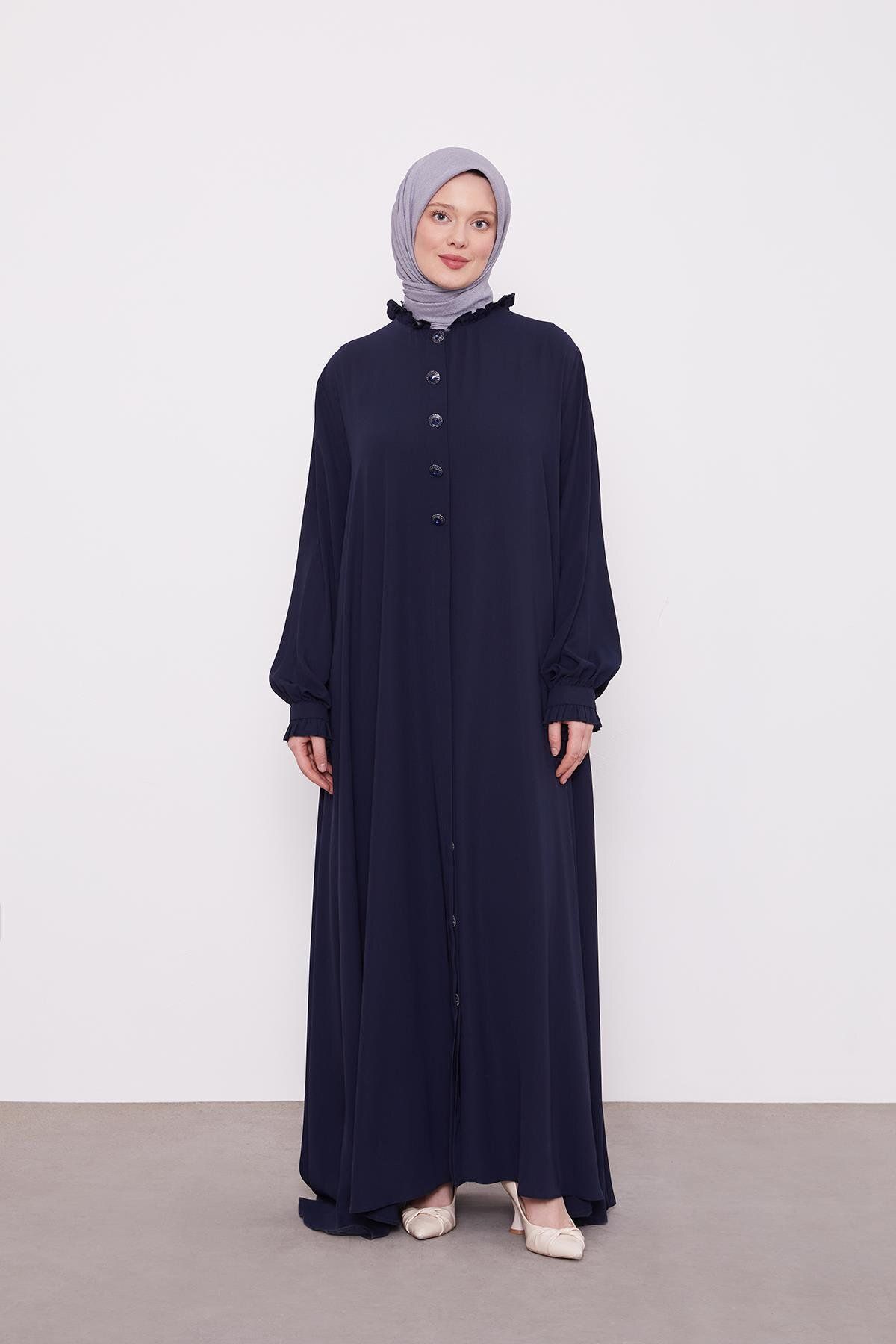 Levidor-Medine Silk Ferace with Buttoned Flared Collar and Ruffle Detail on the Front 1