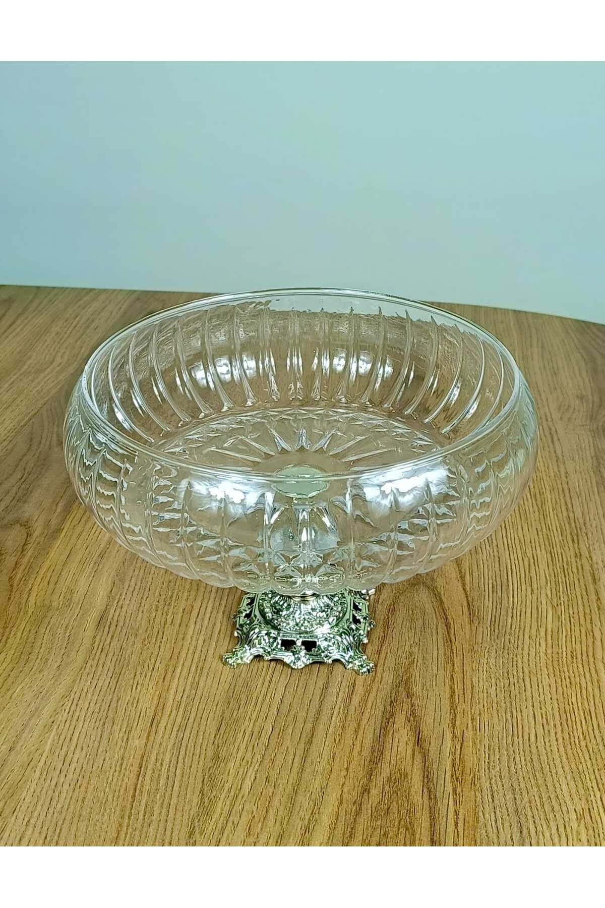 Elta Collection Lotus Kristal 24 Cm Kesme Dekor Metal Ayaklı Salata Kasesi Cam Sunumluk- Servis Tabağı
