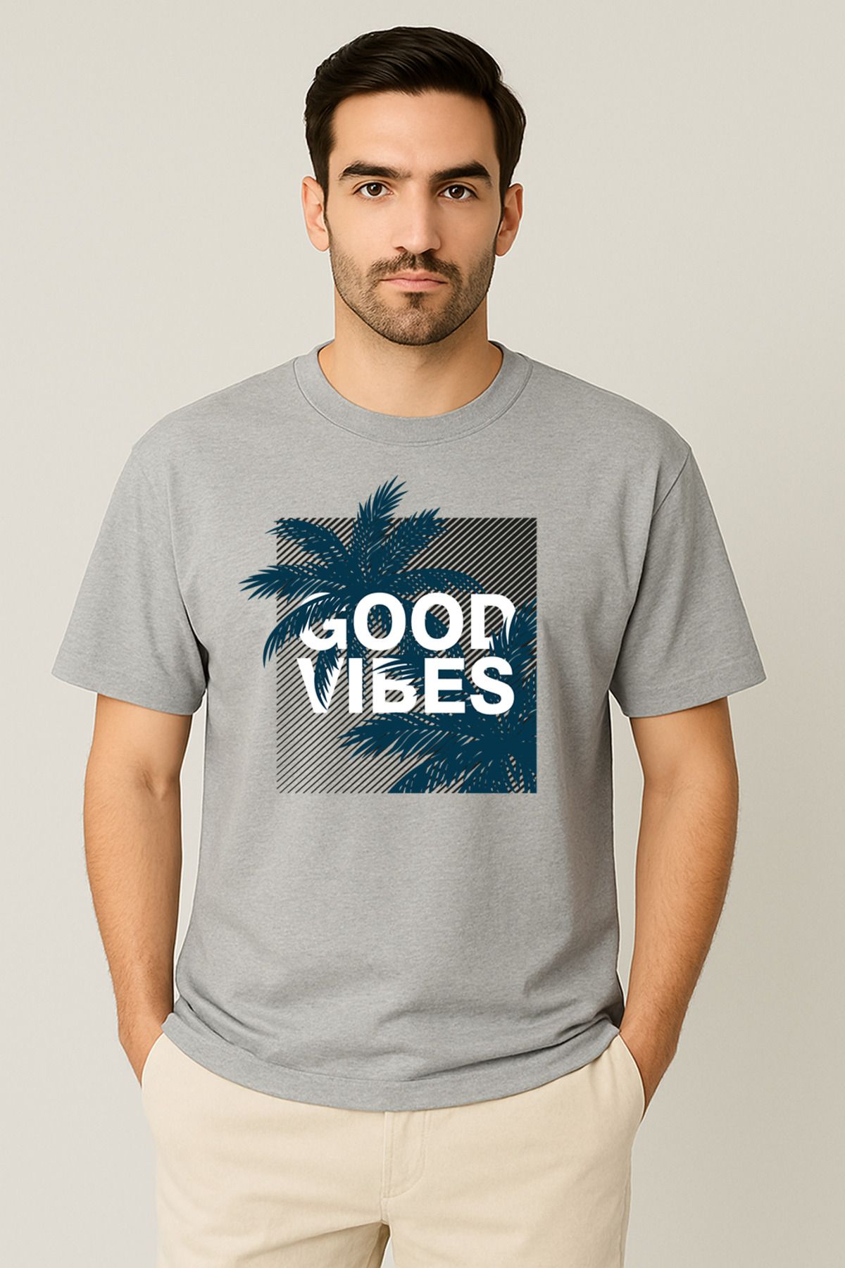 PARSHEY Erkek - Kadın %100 Pamuk Good Vibes Palmiye Desenli Baskılı Yarım Kollu Bisiklet Yaka T-Shirt
