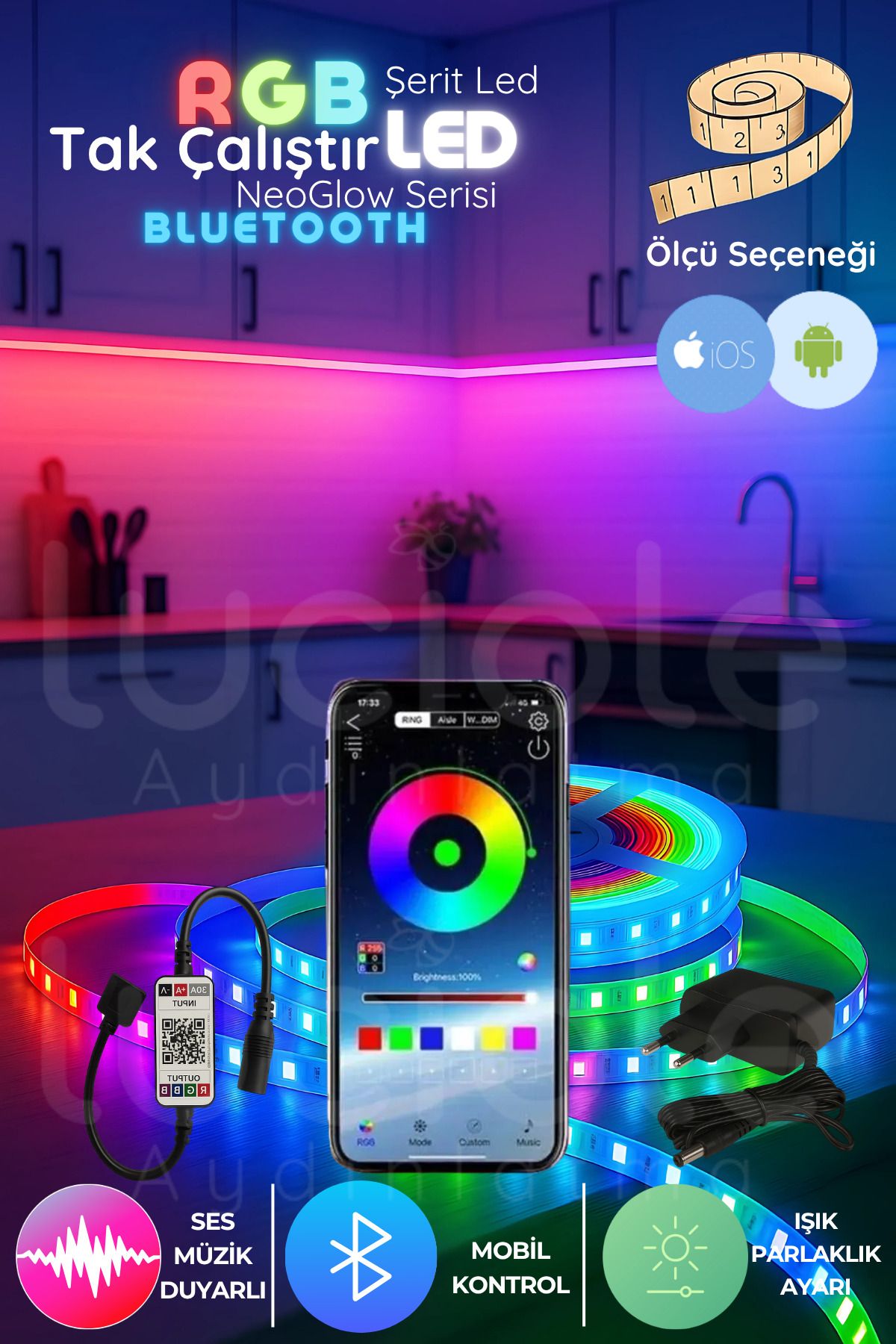 luciole 2 Metre NeoGlow Serisi RGB LED Şerit – Bluetooth Kontrollü 12V Işık Bandı 60 Çipli Tak Çalıştır