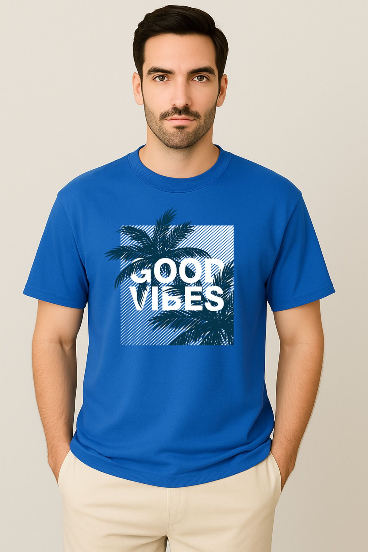 PARSHEY Erkek - Kadın %100 Pamuk Good Vibes Palmiye Desenli Baskılı Yarım Kollu Bisiklet Yaka T-Shirt