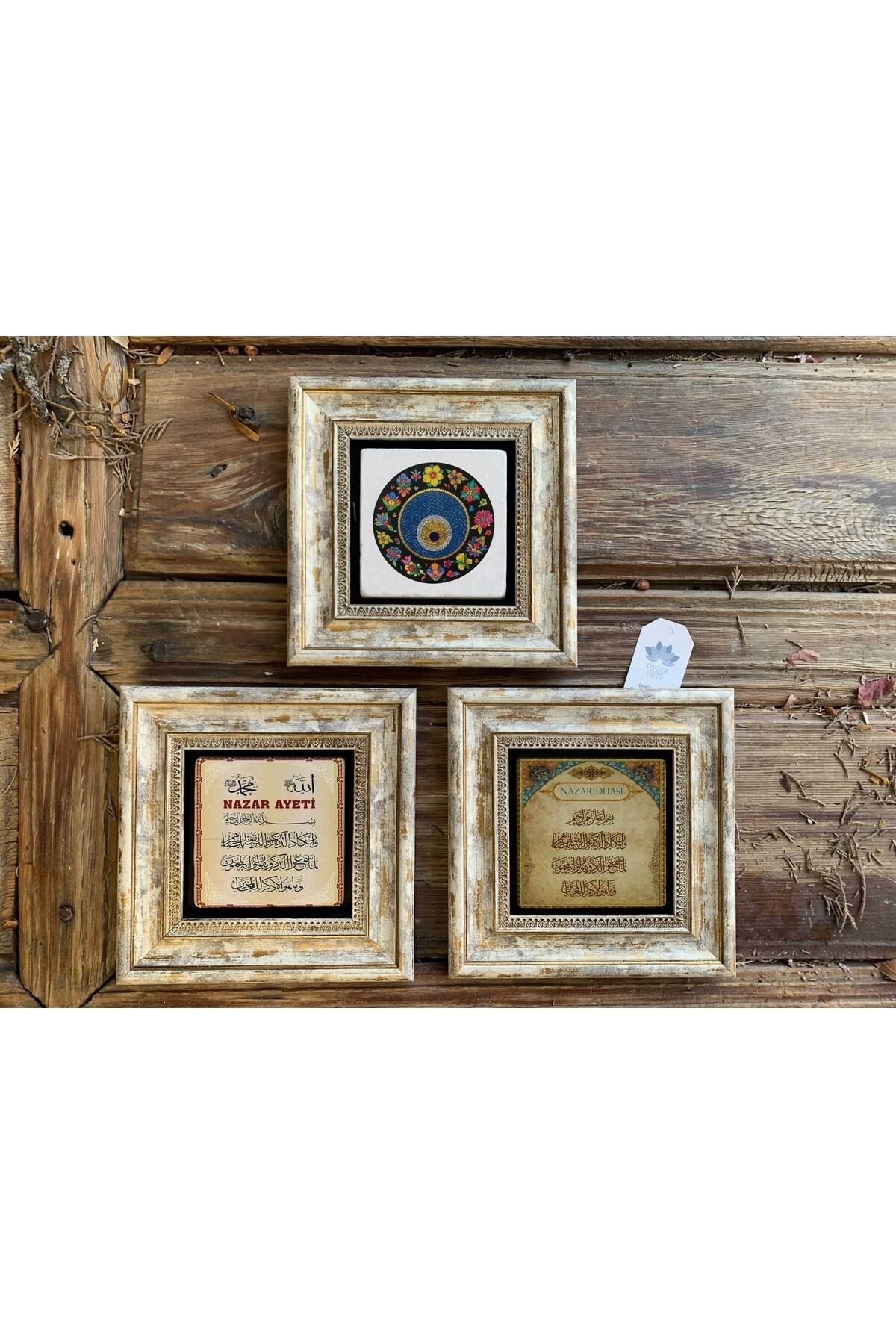 Elioure Taş Çerçeveli Duvar Dekoru 20x20cm 3'lü Set Nazar Ayeti ve Boncuklu Tasarım