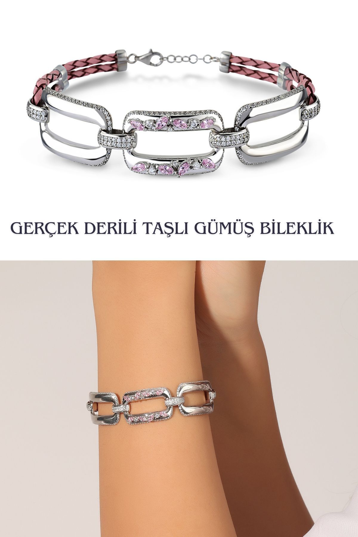 Hepimitu Taşlı Gümüş Deri Bileklik