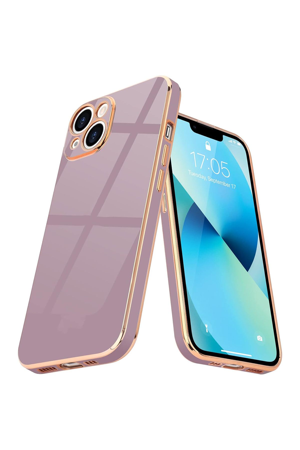 Merwish iPhone 14 Plus Ve 15 Plus Uyumlu Lazer Kesim Gold Çerçeve Mor Kapak Kılıf