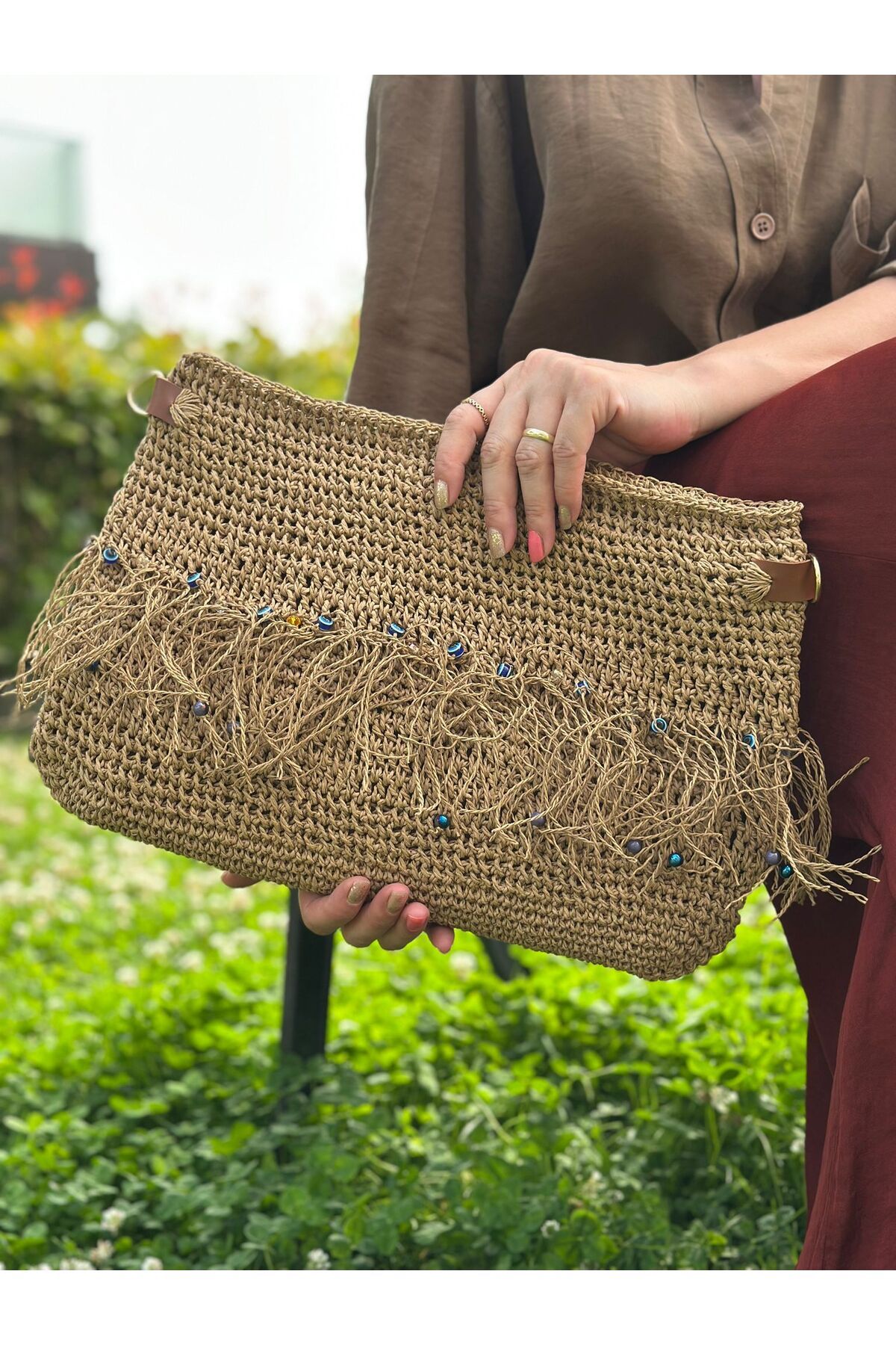 Saria Moda Kadın Omuz Çantası Hasır Kağıt El Örgüsü