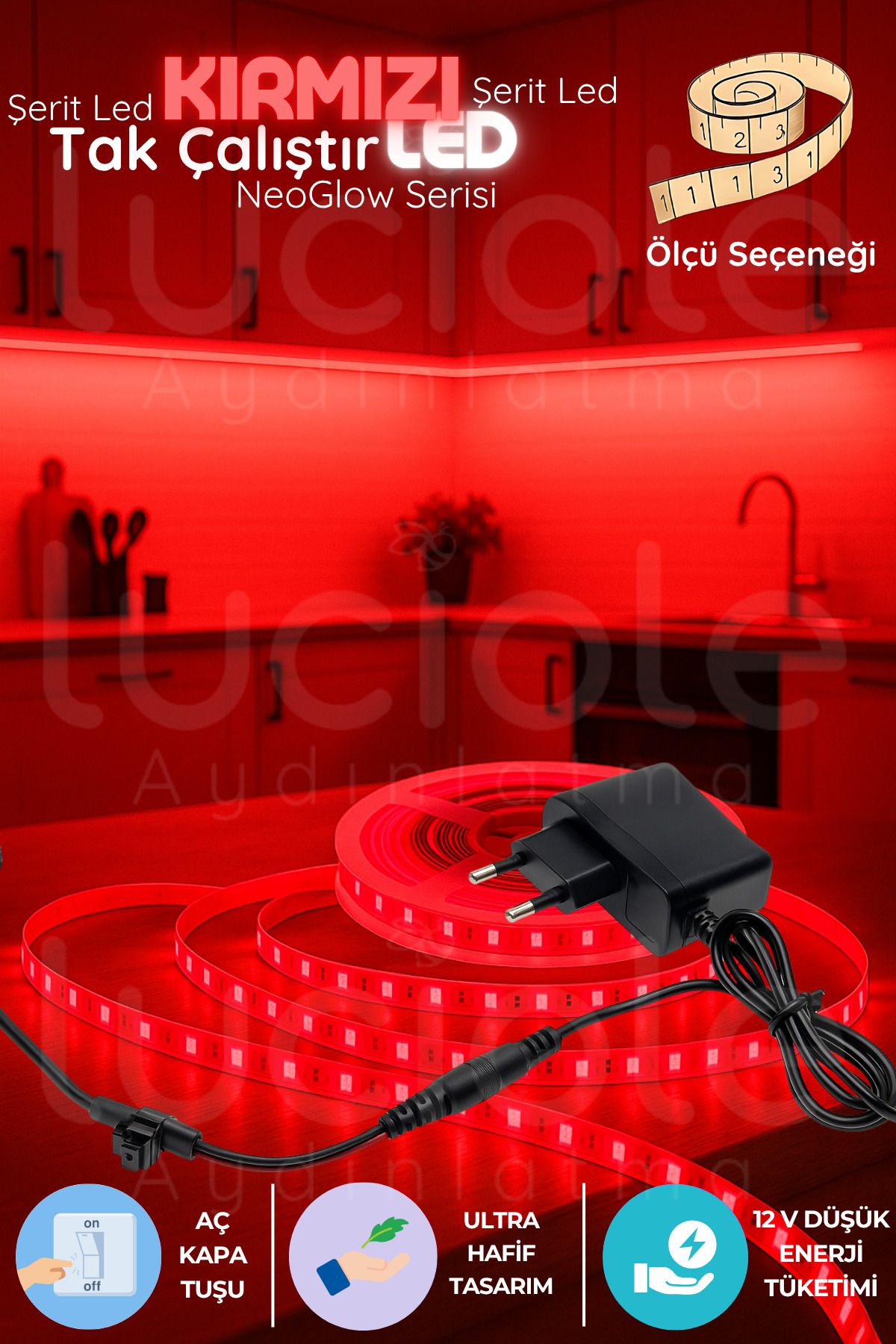 luciole 1 Metre NeoGlow Serisi LED Işık Bandı – Kırmızı Renkli 60 Çipli 12V Tak Çalıştır Prizli Şerit LED
