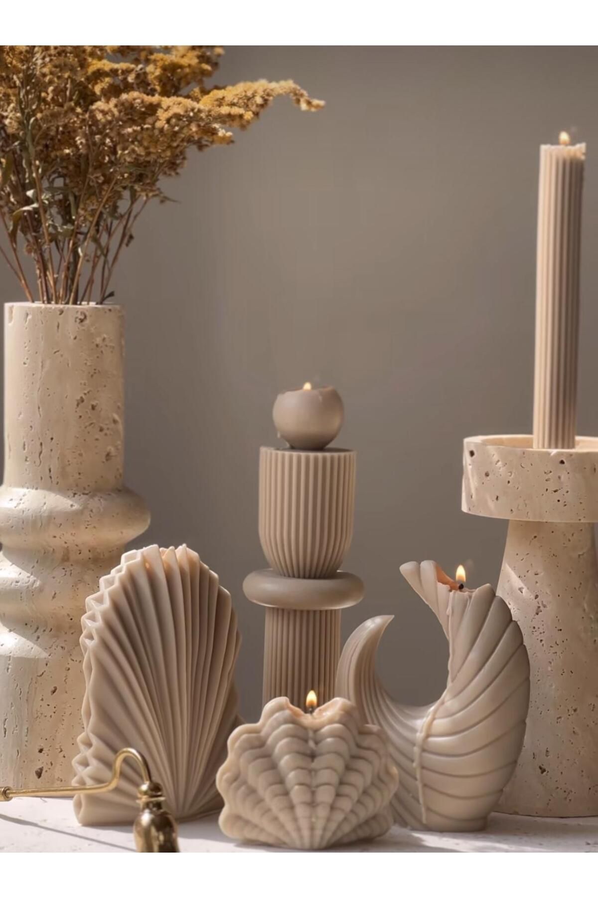 SCA CANDLE Dekoratif Mum Tekli top+Palm +Deniz Kabuğu+Ay +Şamdan Mum Toplam 5 Parça