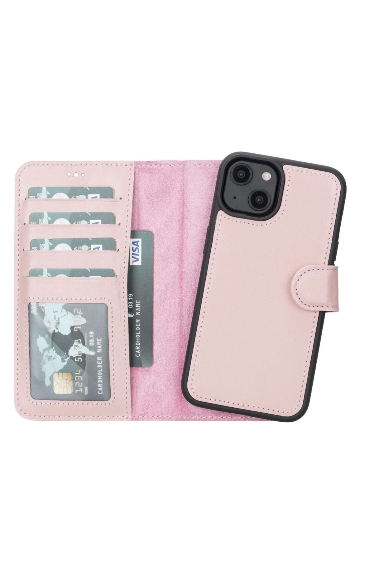 Vemora Apple iPhone 14 Uyumlu Deri Cüzdanlı Kılıf MWWN NU2 Pembe