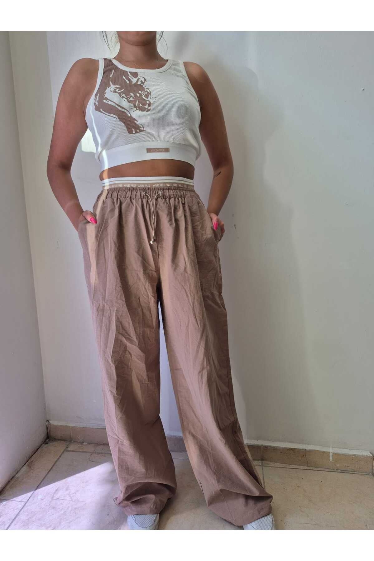 Distimi Halter Yaka Desenli Crop Atlet Kahve