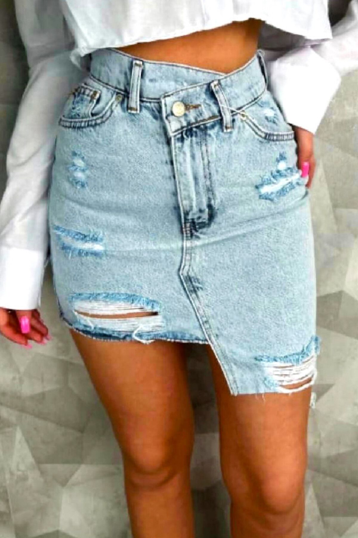 FashionForYou-Fustă scurtă din denim Pathos, cu perforații accentuate și croială asimetrică, albastru-zăpadă, mărime S 1