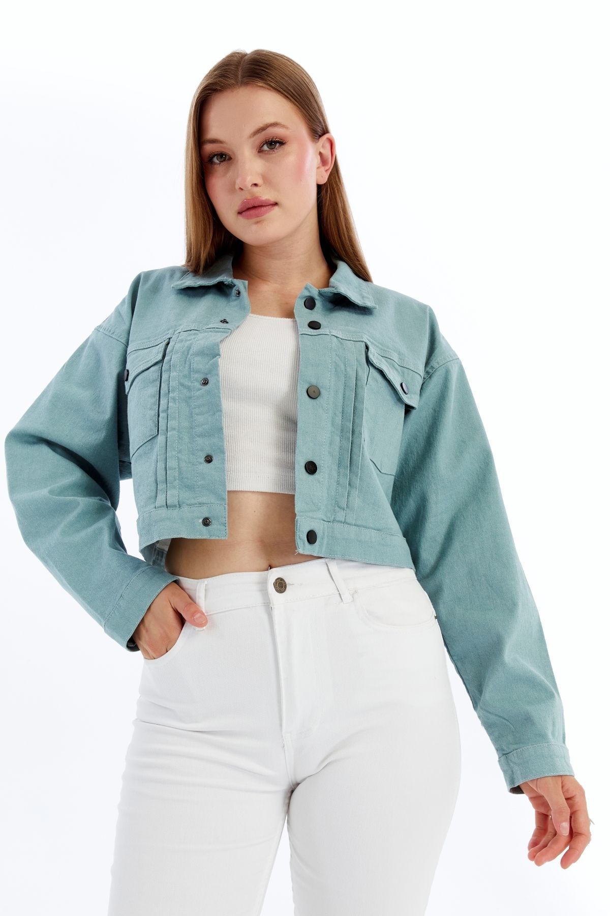 CHOS7N-Women's Bomber Gabardine Jacket Snap Button College Denim Jacket with Pockets Colorful Easy to Match Jacket 3