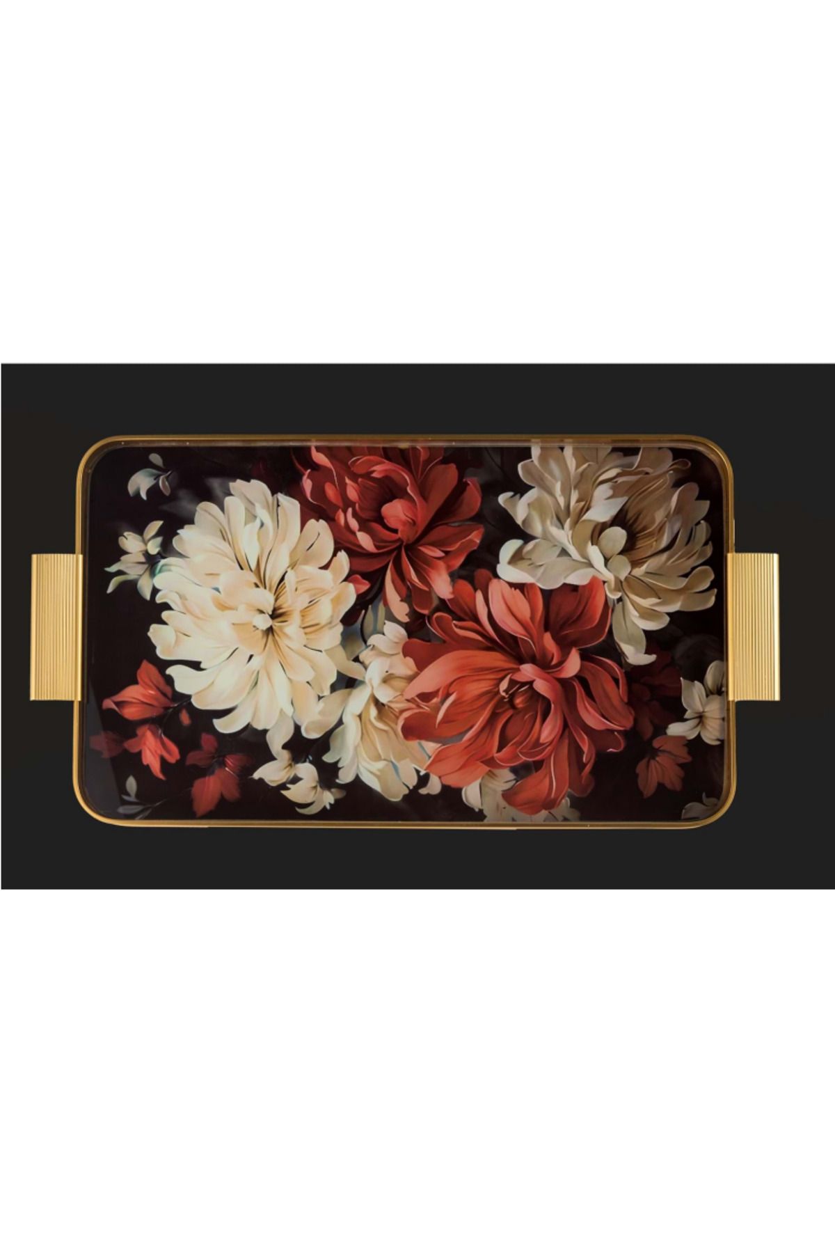 AROW Tepsi Metal Cam Desenli Siyah Kırmızı 24X40 Cm Gold TR-1204