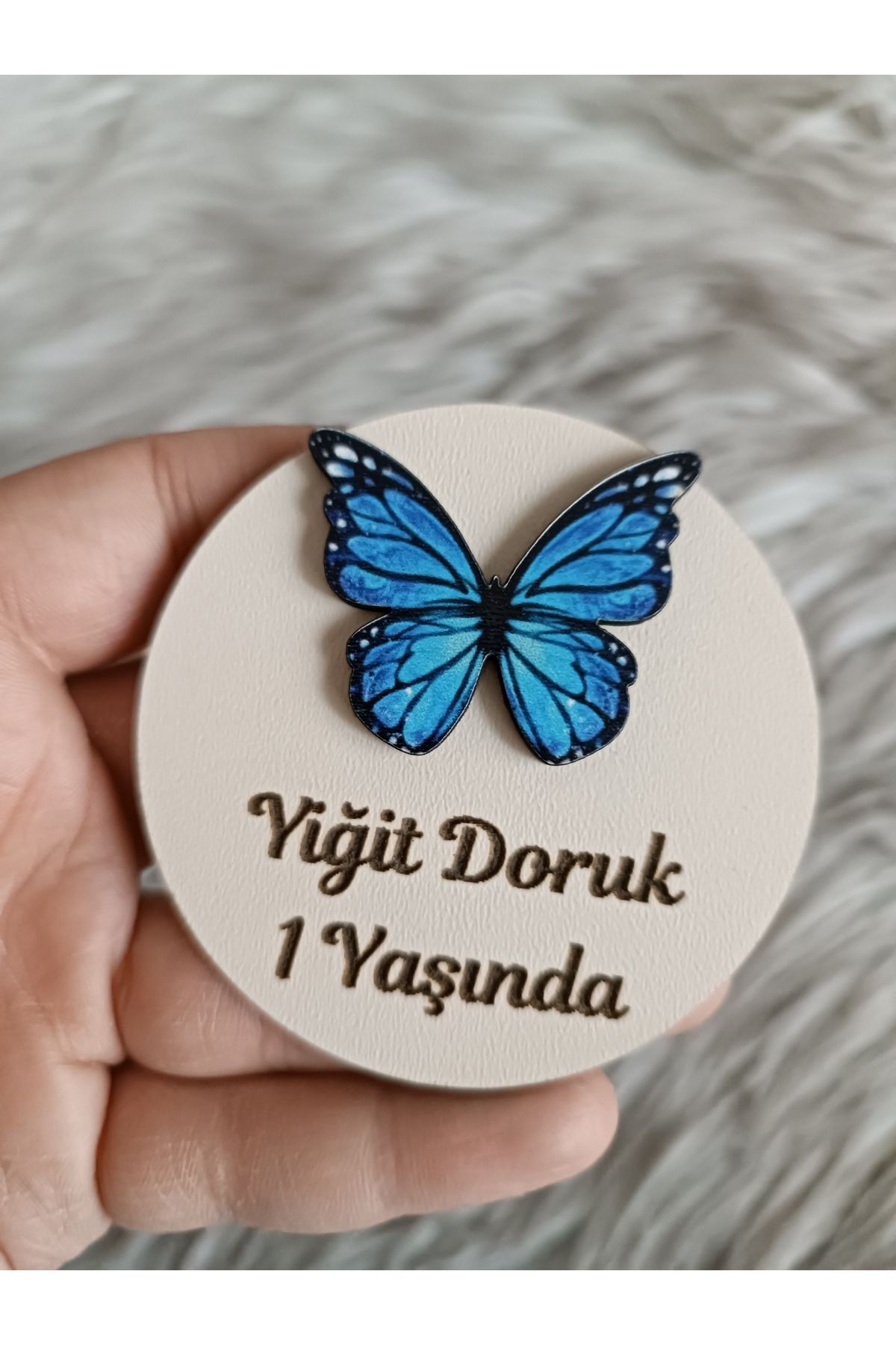 Doğrukan Hediyelik Mavi kelebek figürlü ahşap tabanlı yenidoğan doğum günü magnet hediyelik (10 adet)
