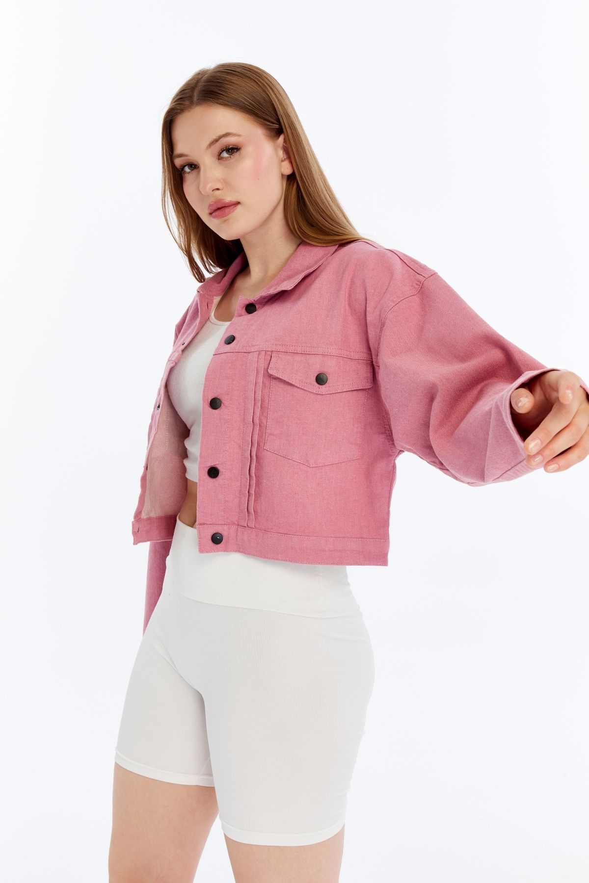 CHOS7N-Women's Bomber Gabardine Jacket Snap Button College Denim Jacket with Pockets Colorful Easy to Match Jacket 5