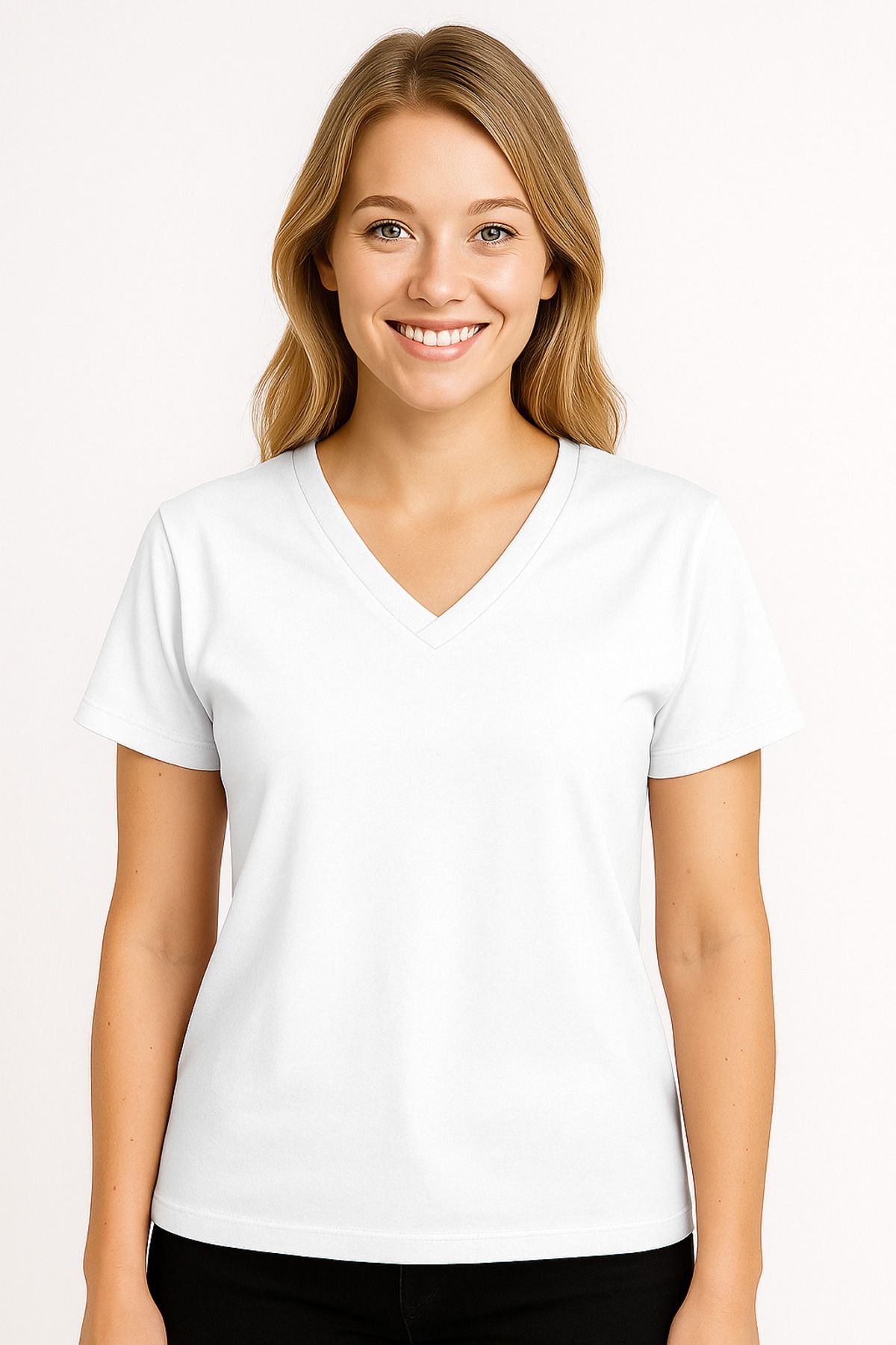 İpek Tekstil %100 Pamuk Kadın Penye Modal Bindirmeli V Yaka Yırtmaç Detaylı T-Shirt