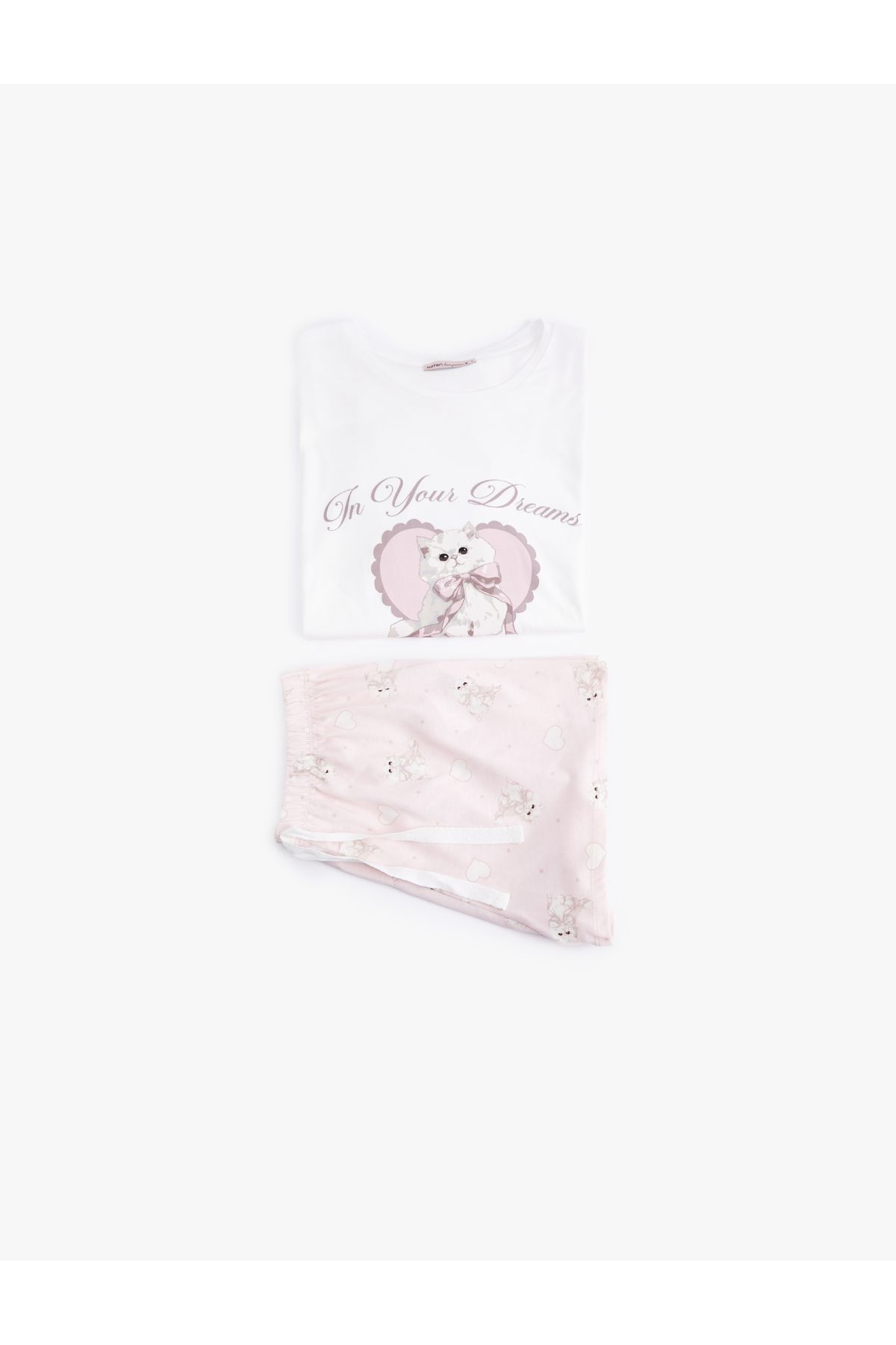 Koton Pamuklu Kısa Kollu Bisiklet Yaka Şortlu Kedi Baskılı Pijama Seti