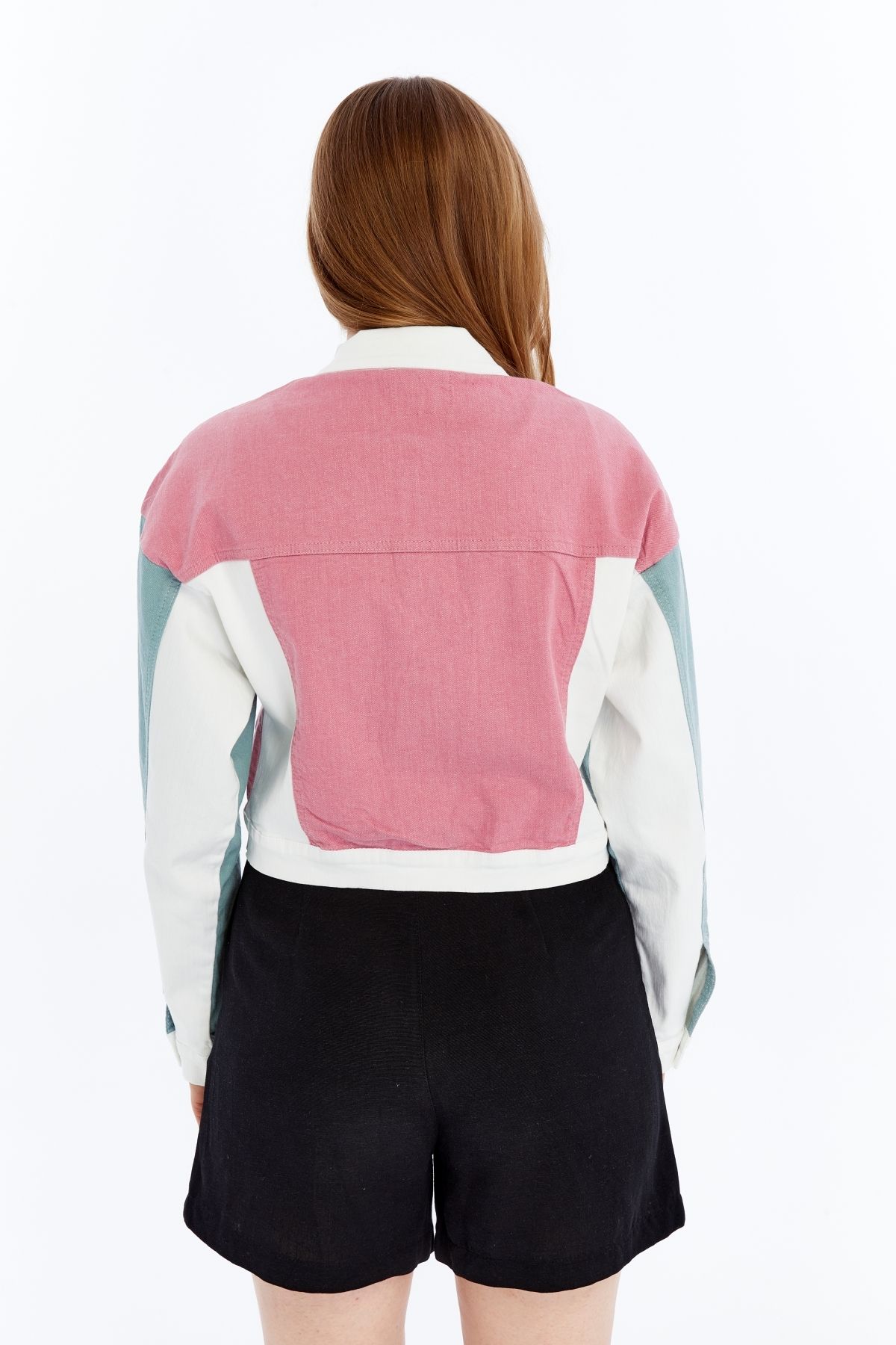 CHOS7N-Women's Bomber Gabardine Jacket Snap Button College Denim Jacket with Pockets Colorful Easy to Match Jacket 8