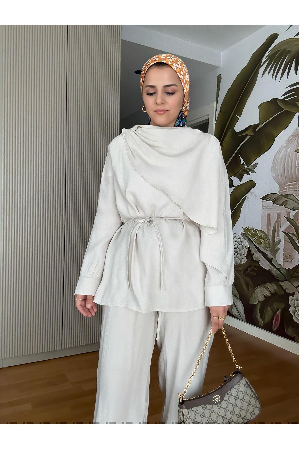 Aselim Hijap Moda Mimoza İkili Takım Efil Efil Yazlık Bej