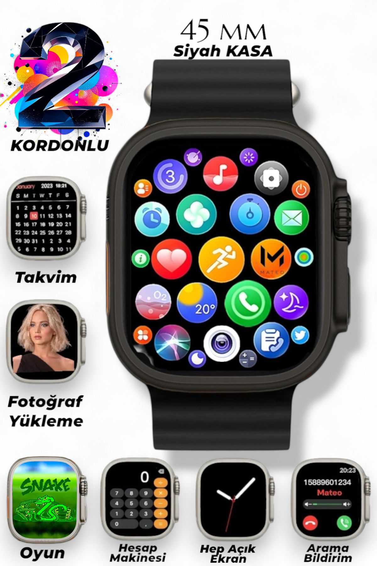 zerzembe Akıllı Saat Watch 800 Ultra 45mm 1.99inç Türkçe Tüm Telefonlara Uyumlu