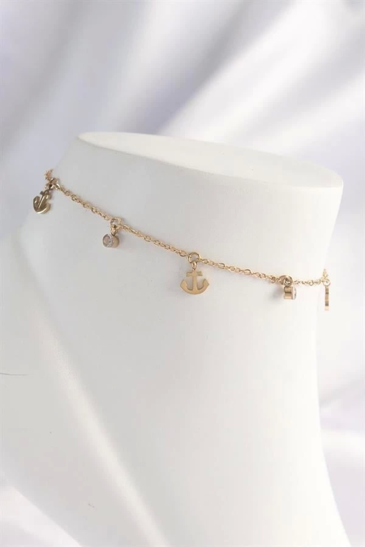 FASHIONLINE 316L Çelik Gold Renk Zirkon Taşlı Minimal Çapa Tasarımlı Halhal