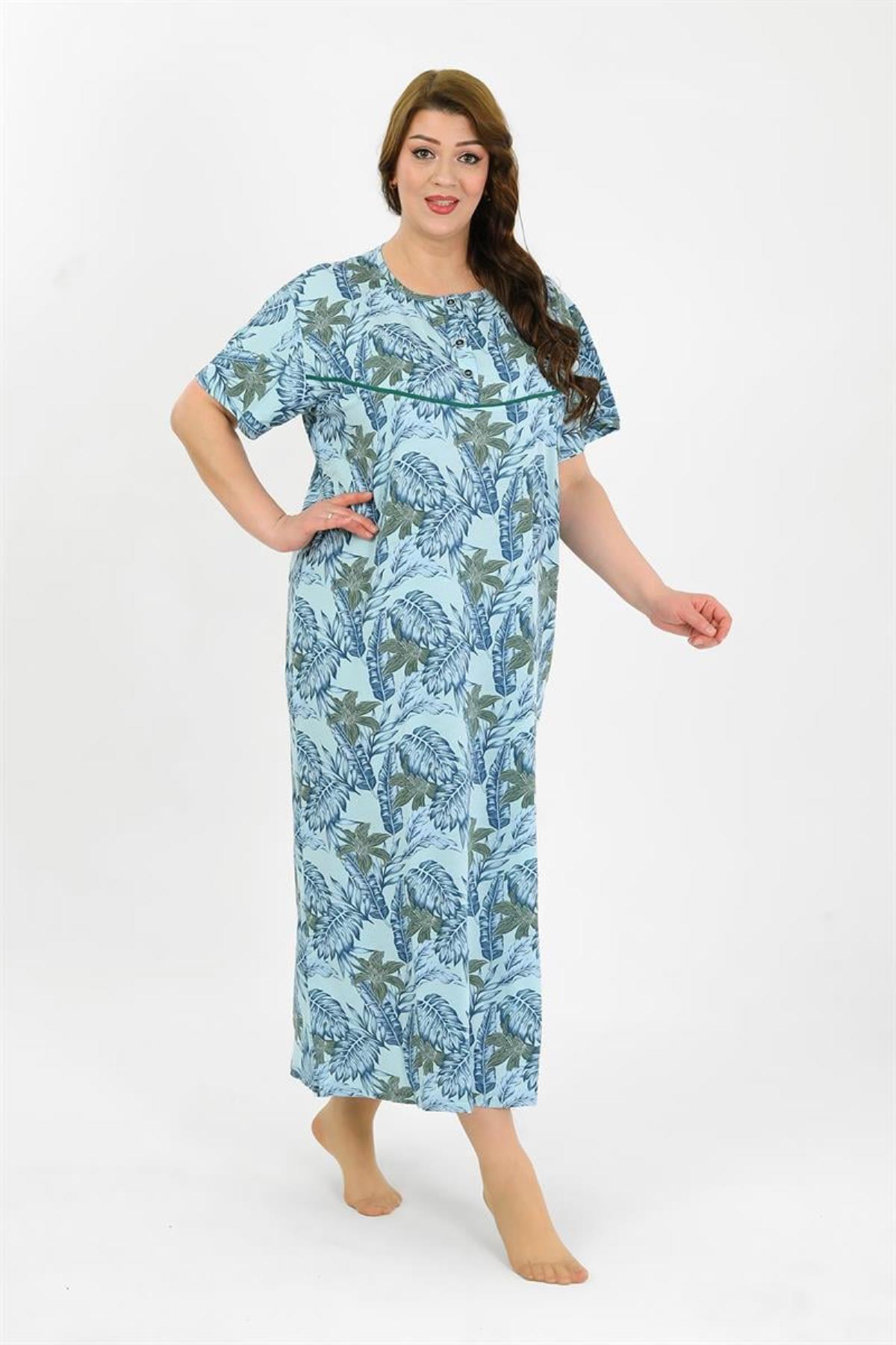 Celira-Women's Large Size Short Sleeve Blue Mother Nightgown 1377 5