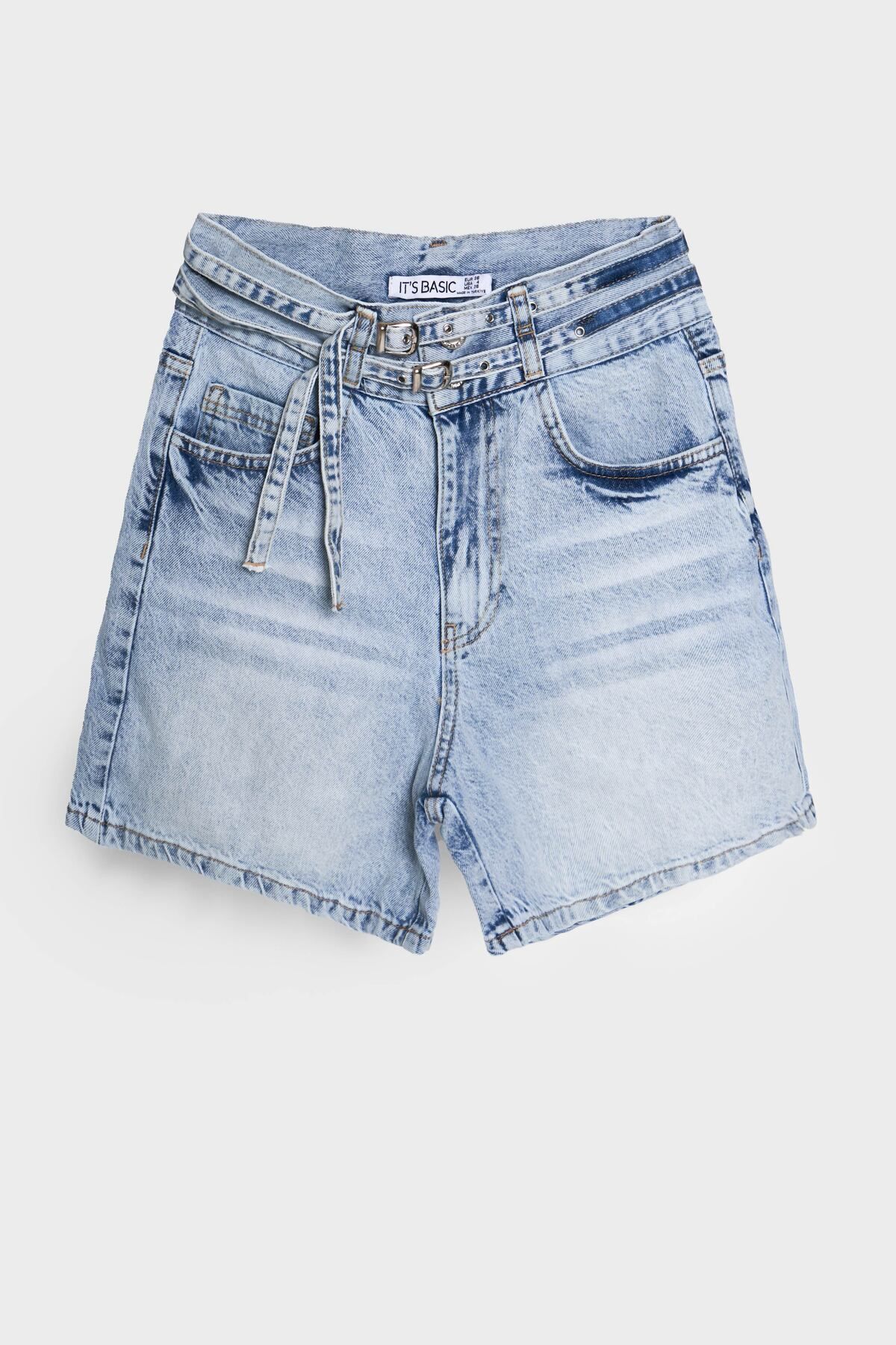 its basic Kadın Kot Rengi 4s5-3 Midi Boy Çift Kemerli %100 Koton Tasarım Denim Şort