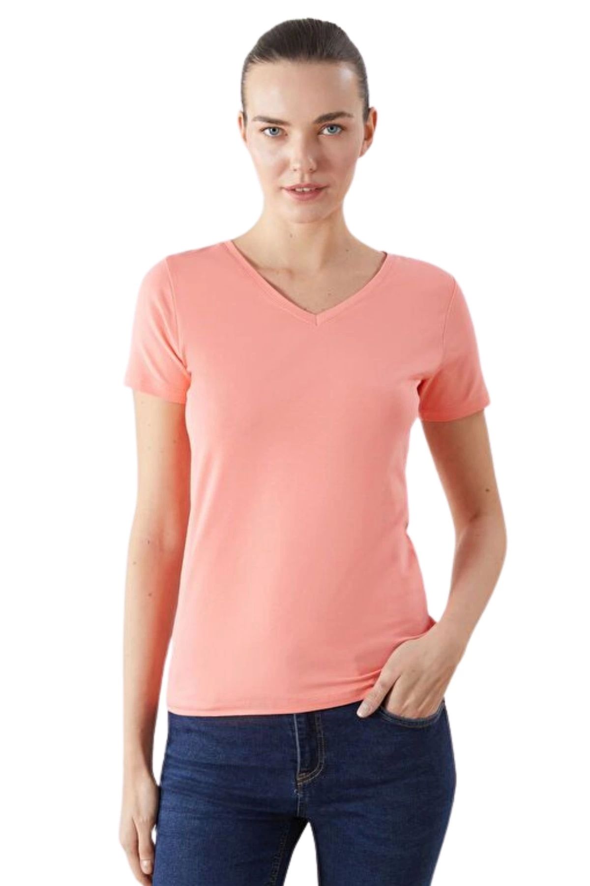Tam12den Home Kadın V Yaka Basic Pamuklu T-Shirt Toz Pembe