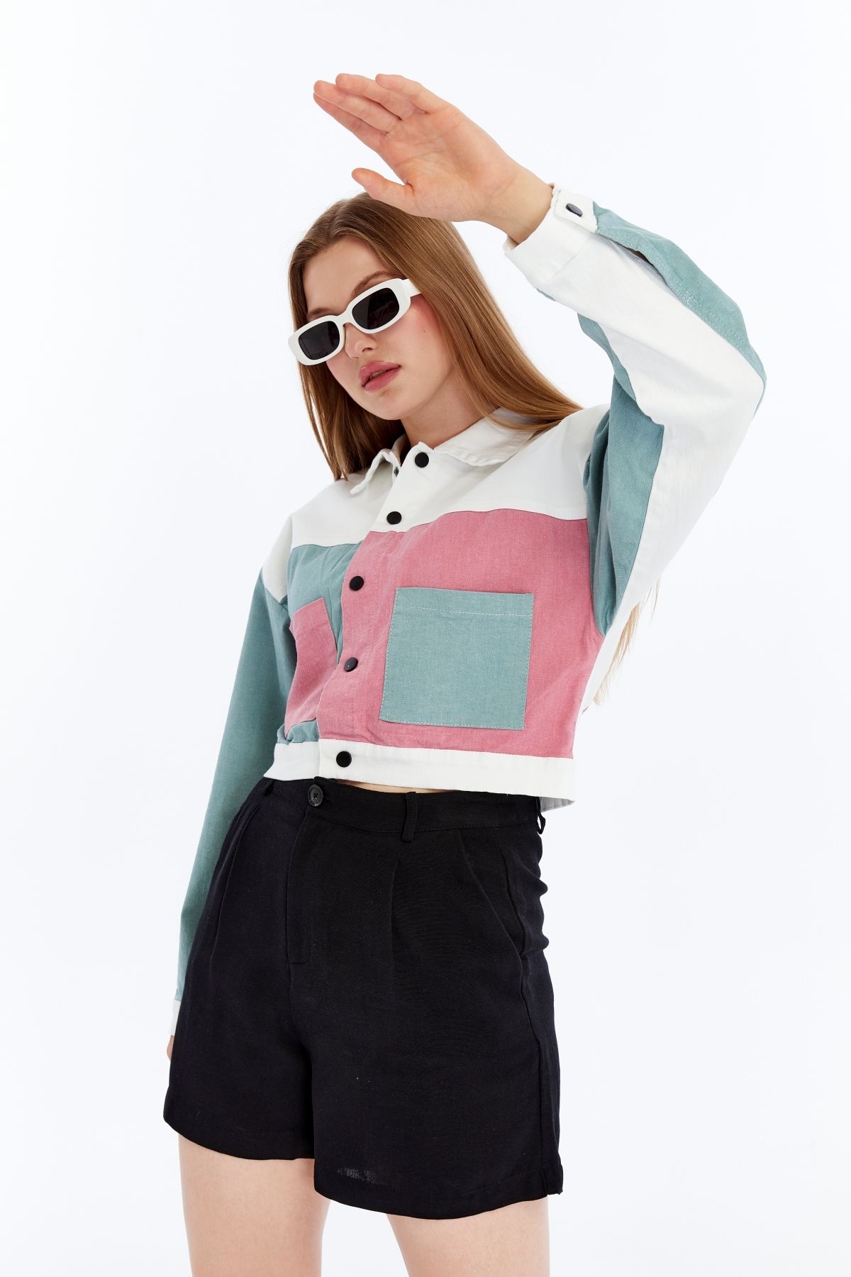 CHOS7N-Women's Bomber Gabardine Jacket Snap Button College Denim Jacket with Pockets Colorful Easy to Match Jacket 3