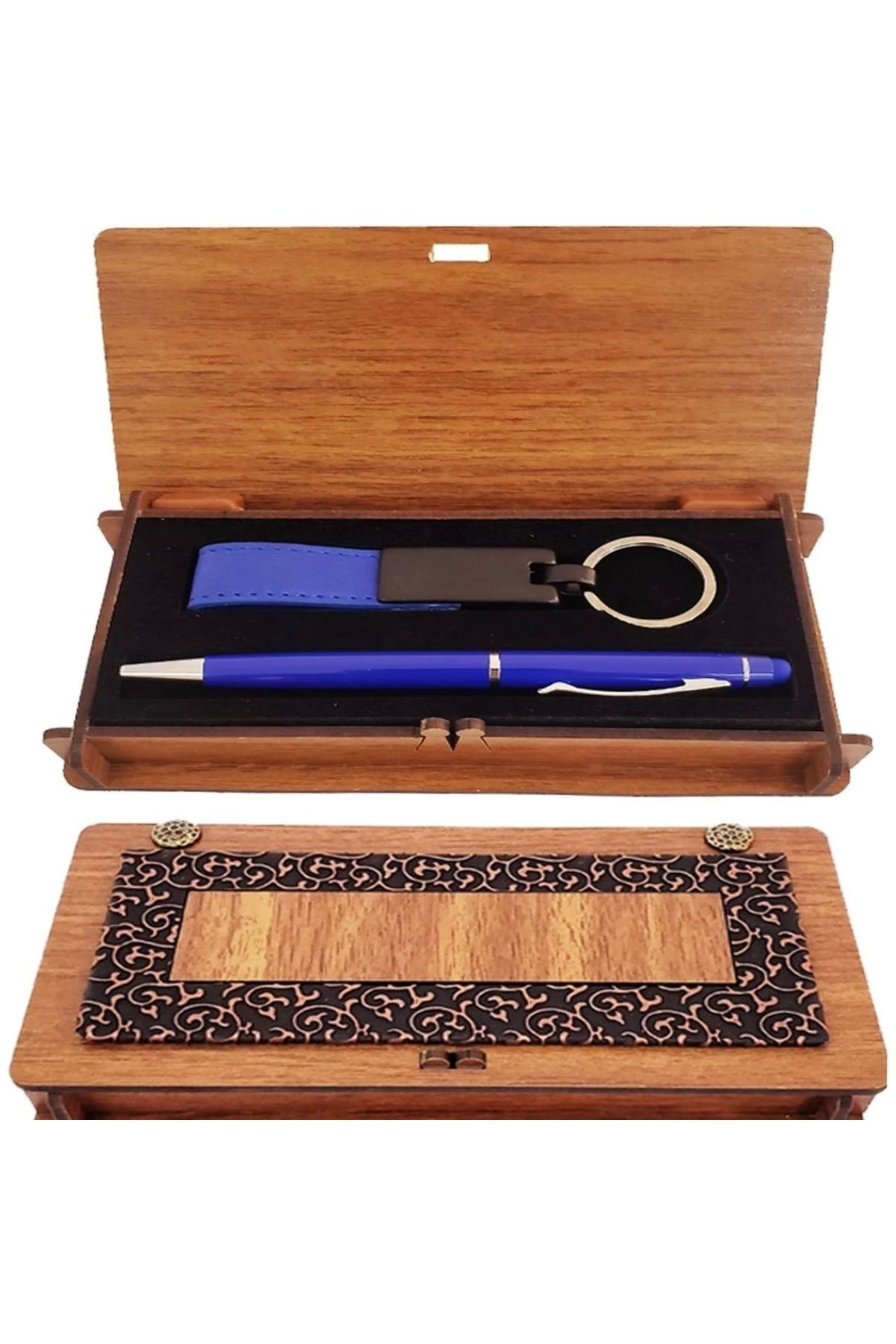 shop Ahşap Kutulu Koyu Mavi Kalem Ve Anahtarlık Set