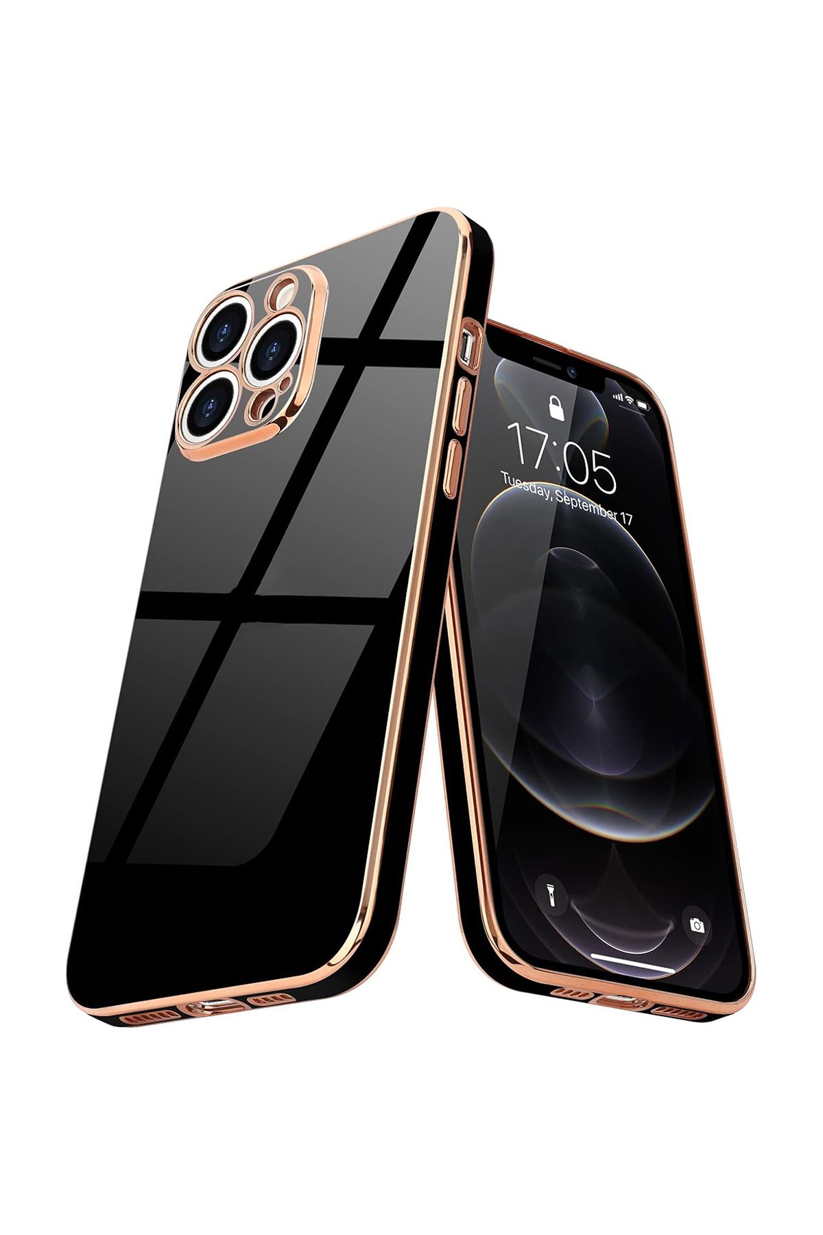 Merwish iPhone 15 Pro Max Uyumlu Lazer Kesim Gold Çerçeve Siyah Kapak Kılıf