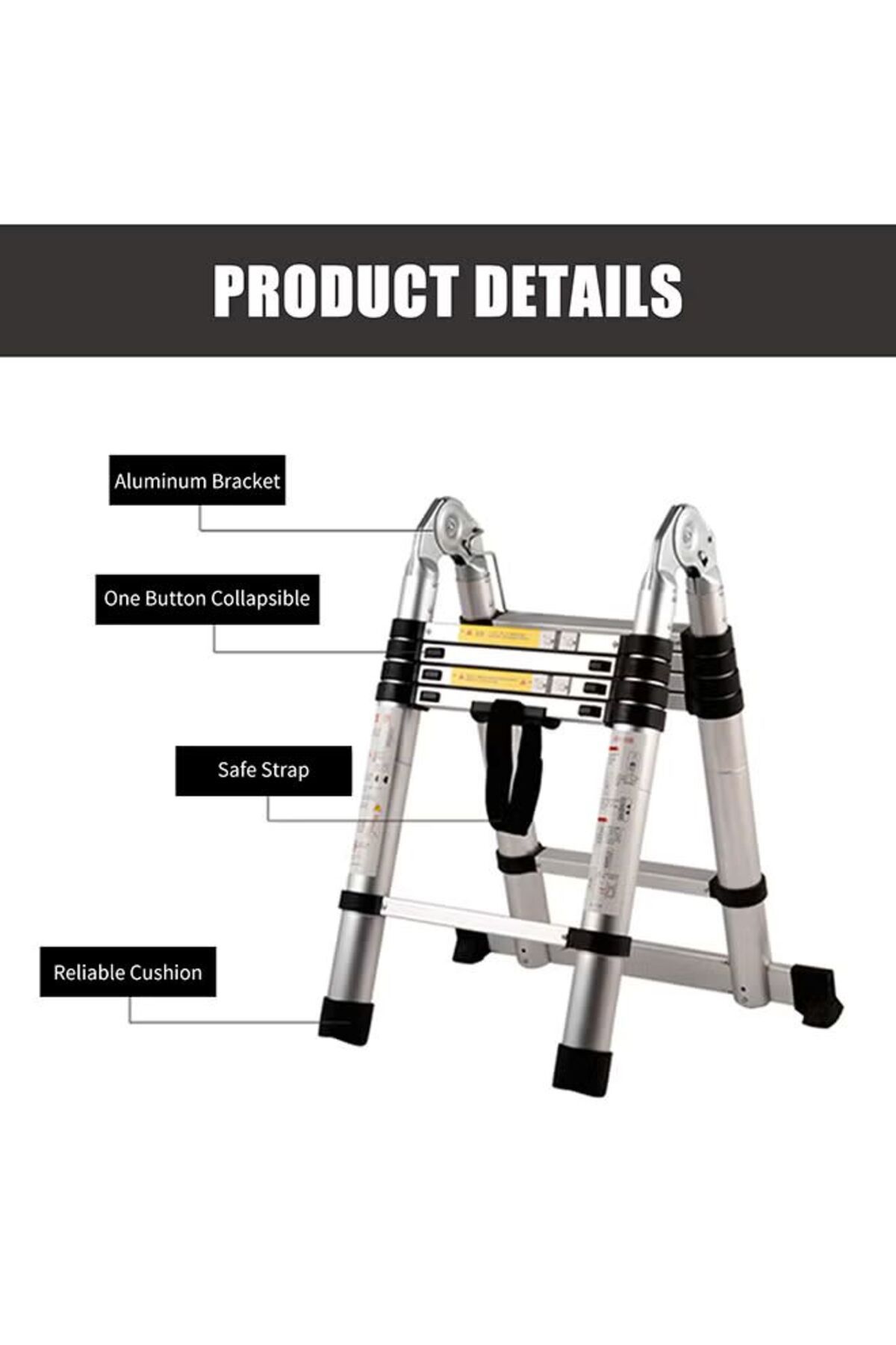 Generic-3.8m Multi-purpose Extendable Double-Sided Telescopic Ladder Silver 4