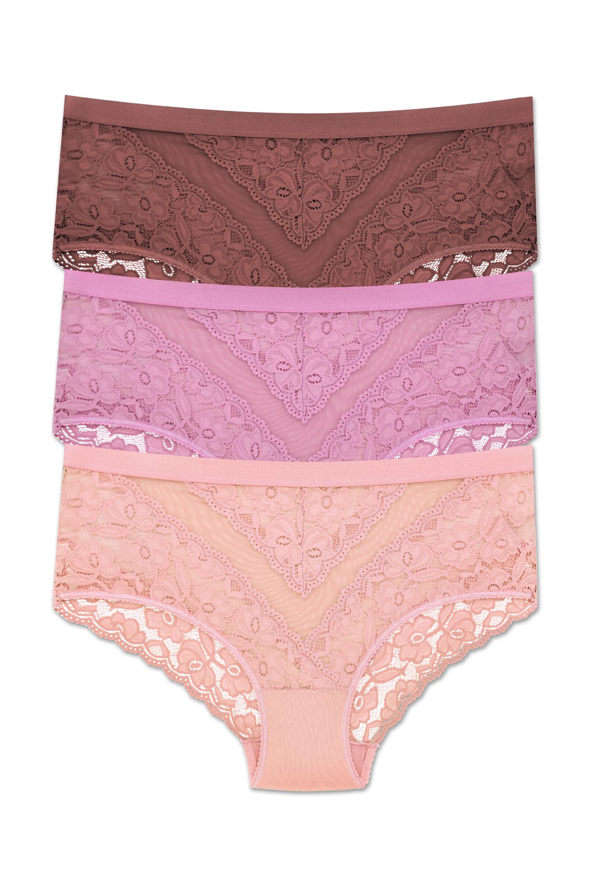 ZENA UNDERWEAR 3'lü Dantelli Tül Detaylı Lastikli Yüksek Bel Büyük Beden Kadın Külot