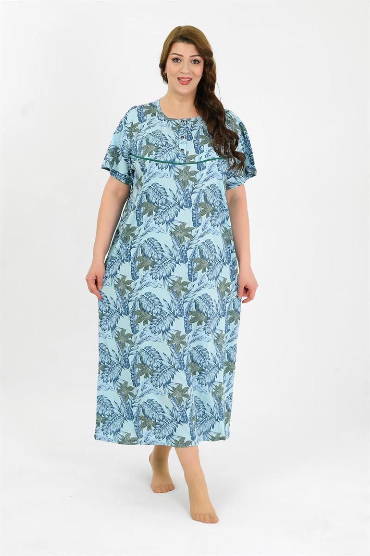 Celira-Women's Large Size Short Sleeve Blue Mother Nightgown 1377 6