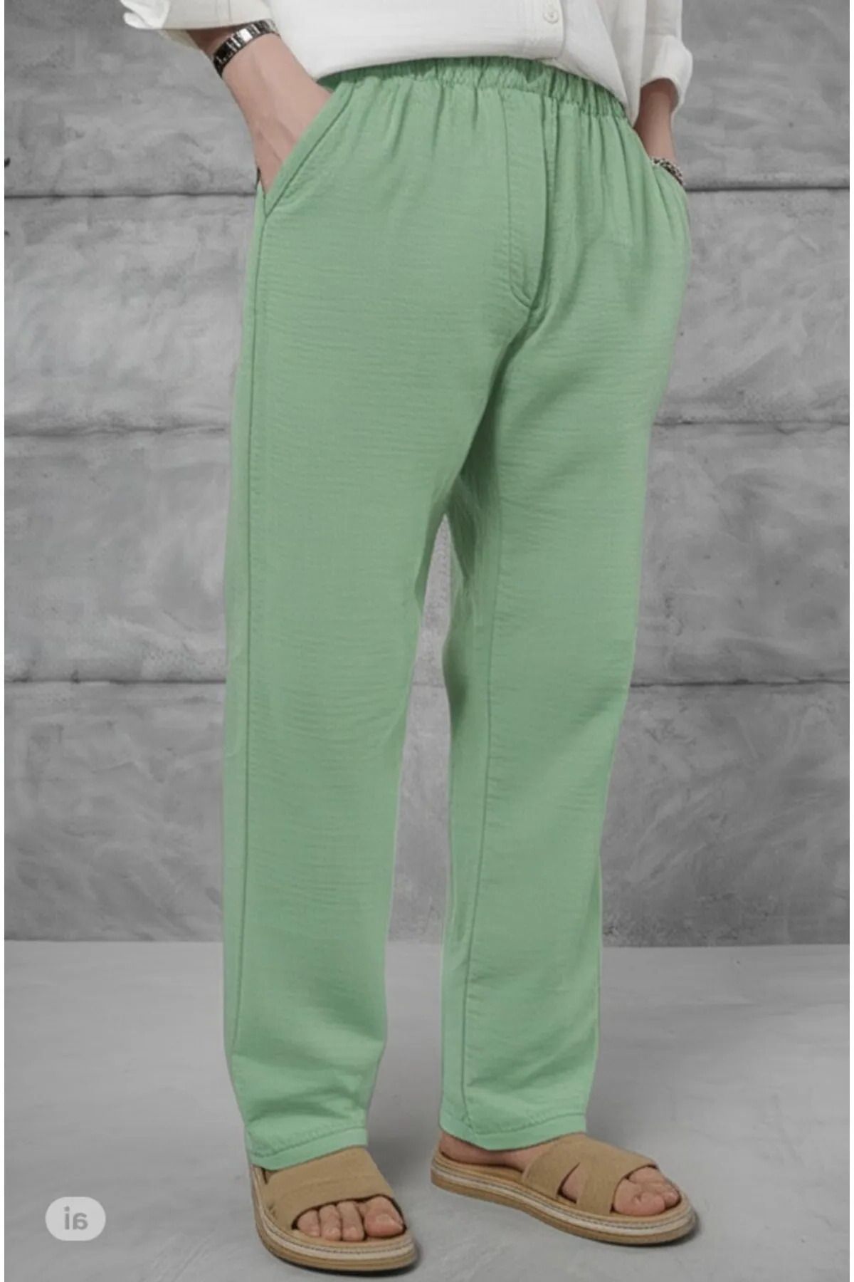 DEEPSENSE Erkek Yeşil Yazlık Müslin Keten Pamuklu Kumaş Rahat Kesim Pantalon
