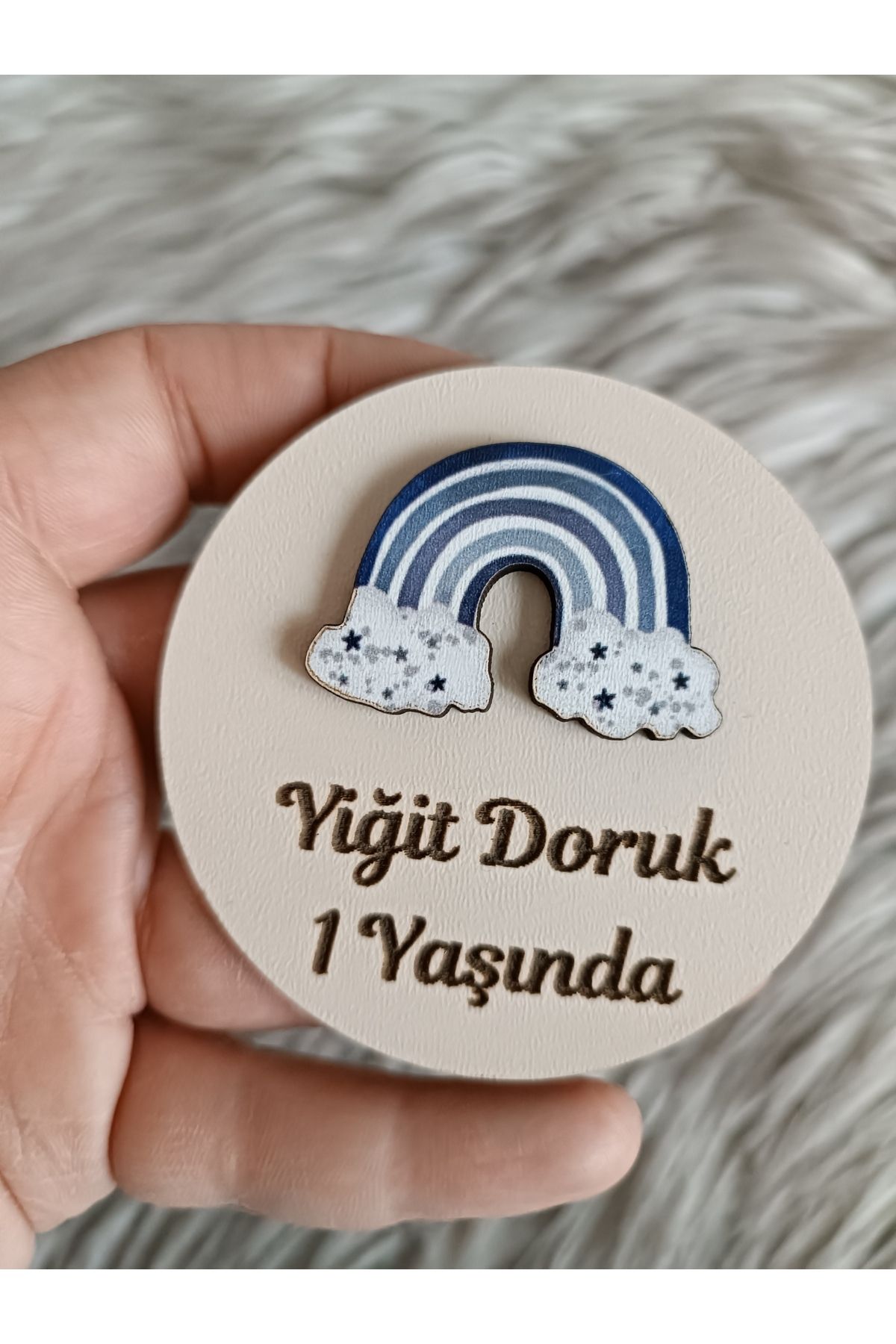 Doğrukan Hediyelik Mavi gökkuşağı figürlü ahşap taban yenidoğan doğum günü hediyelik magnet (10 adet)