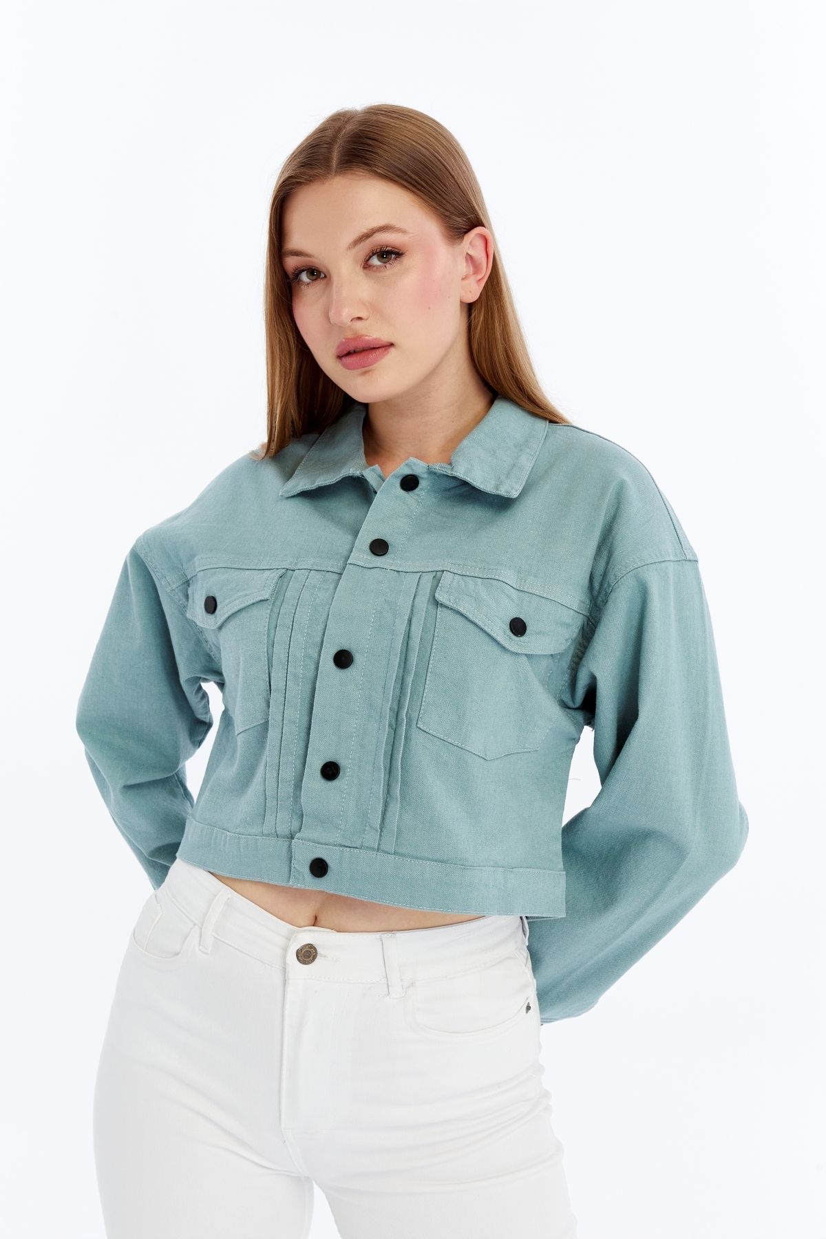 CHOS7N-Women's Bomber Gabardine Jacket Snap Button College Denim Jacket with Pockets Colorful Easy to Match Jacket 6