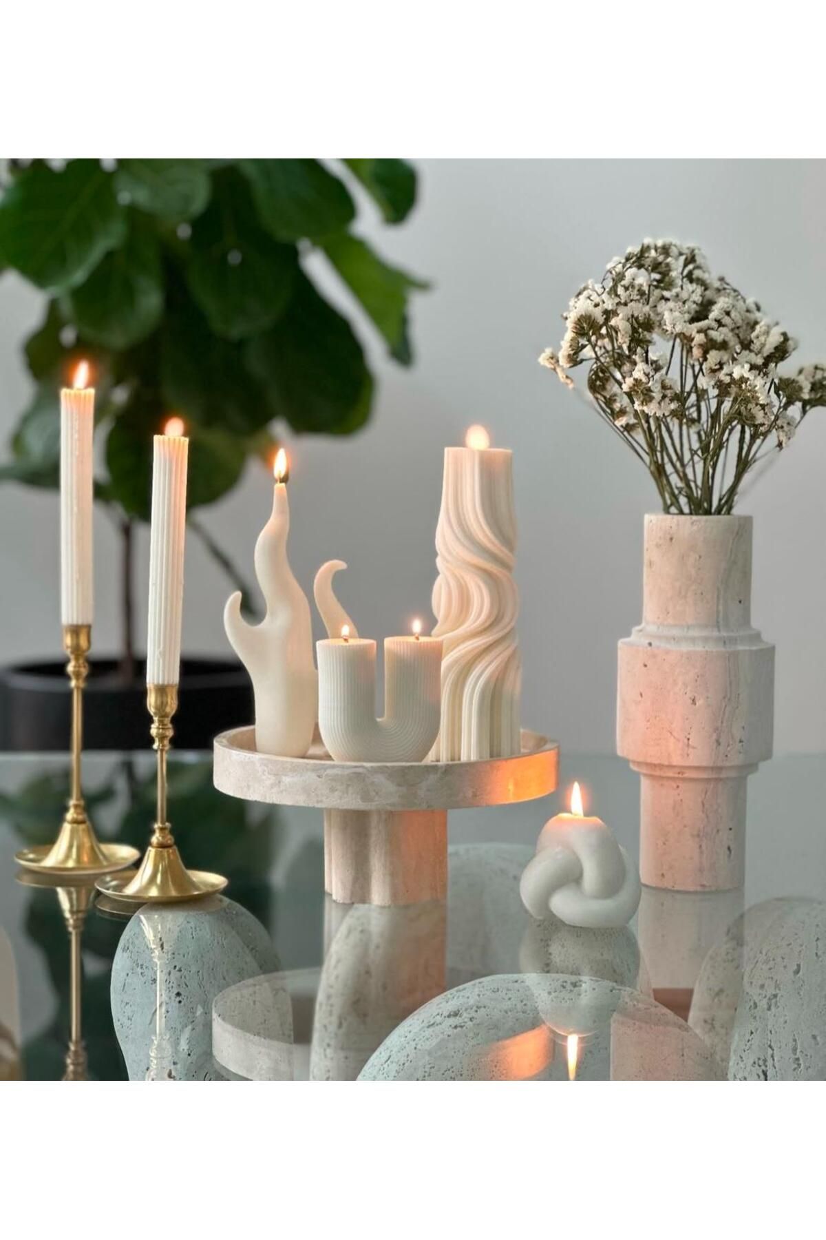 SCA CANDLE Dekoraitf Mum Dalga+U model +Alev +Çizgili Şamdan mum Toplam 5 Parça