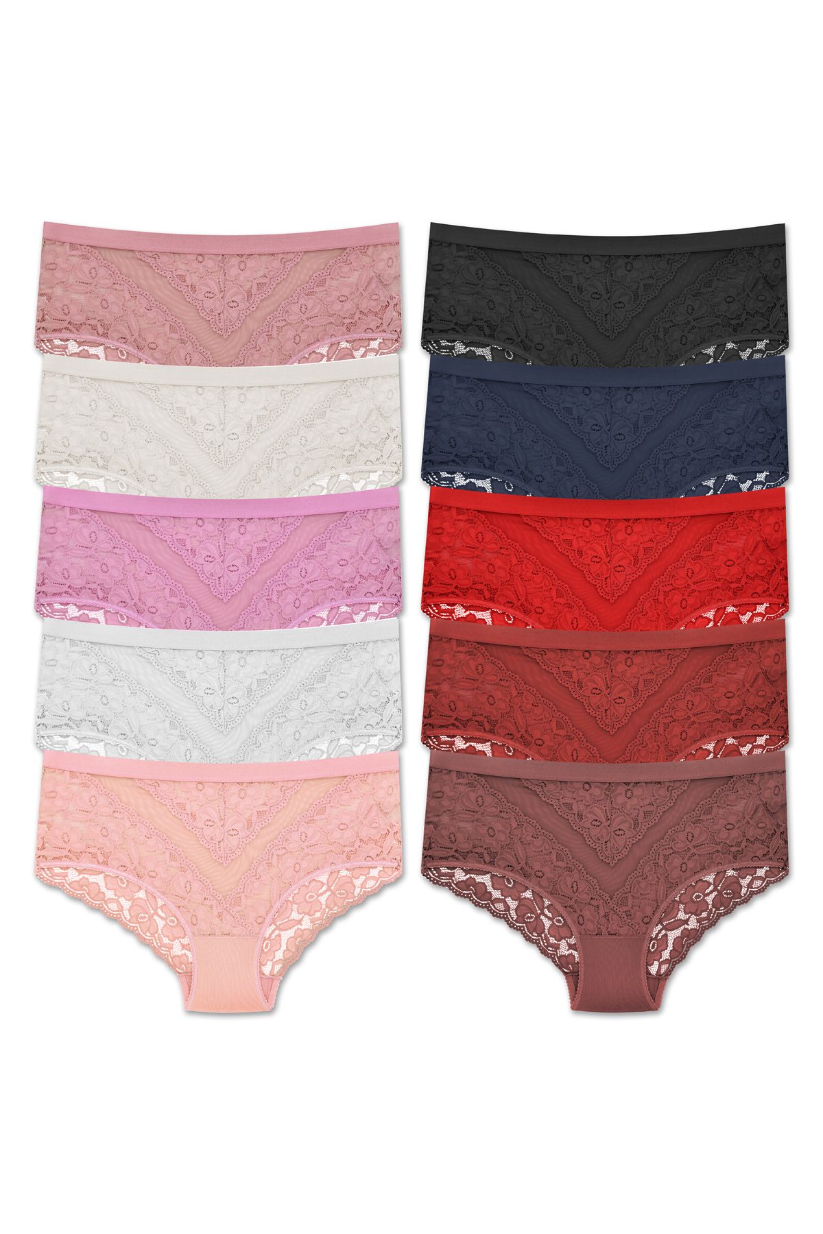 ZENA UNDERWEAR 10'lu Dantelli Tül Detaylı Lastikli Yüksek Bel Büyük Beden Kadın Külot