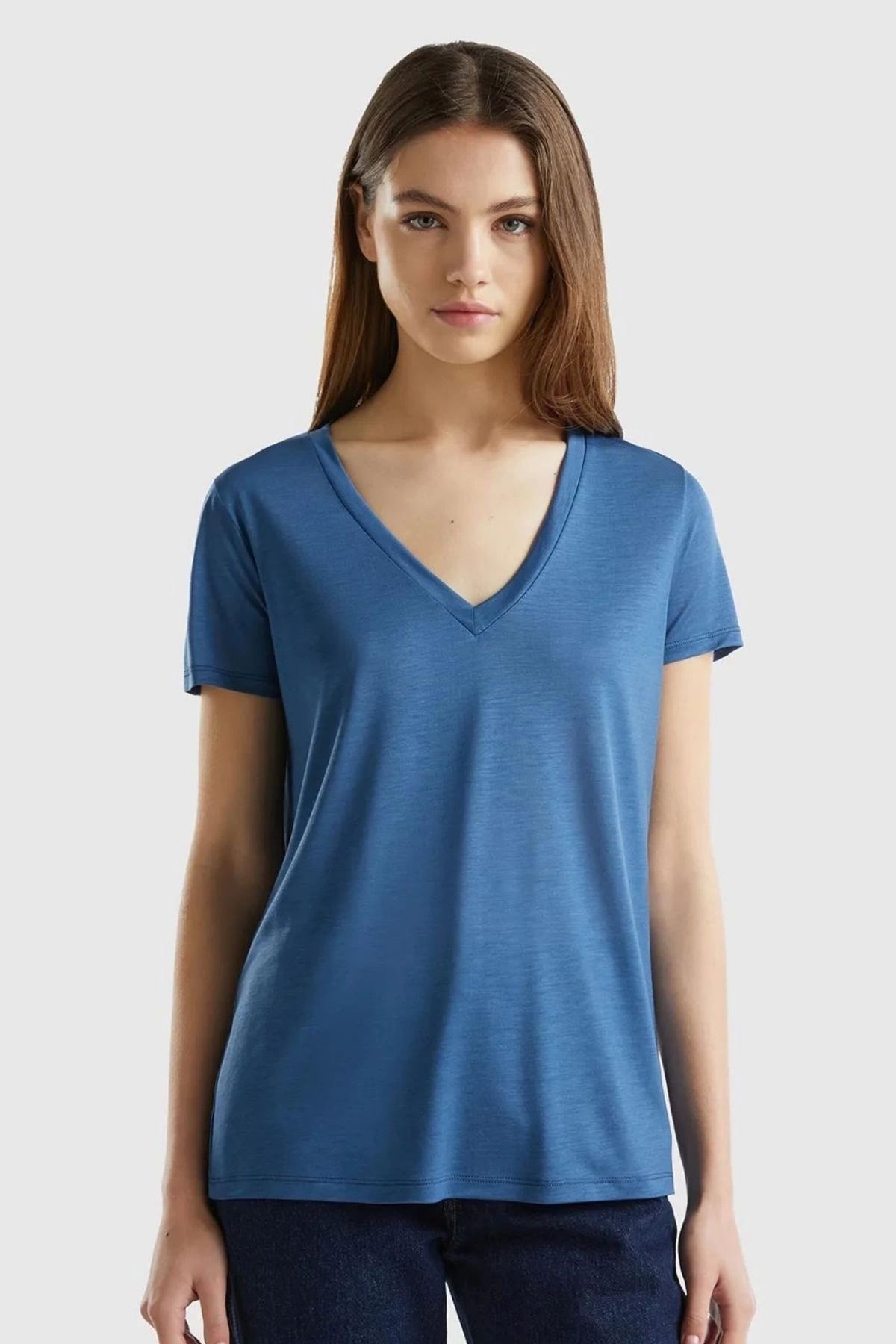 Tam12den Home Kadın V Yaka Basic Pamuklu T-Shirt Mavi
