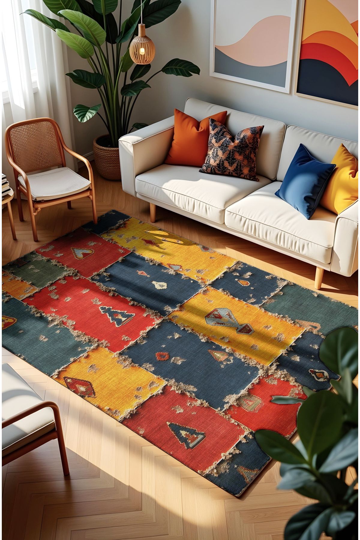 CANİLA PATCHWORK DESENLİ DOKUMA TABANLI DİJİTAL RENKLENDİRİLMİŞ LÜKS HALI.