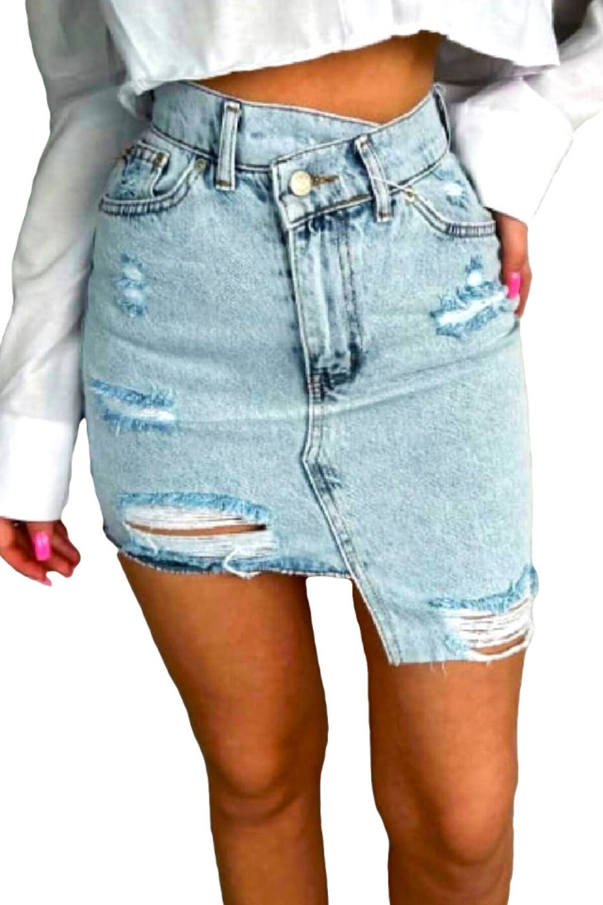 FashionForYou-Fustă scurtă din denim Pathos, cu perforații accentuate și croială asimetrică, albastru-zăpadă, mărime S 3