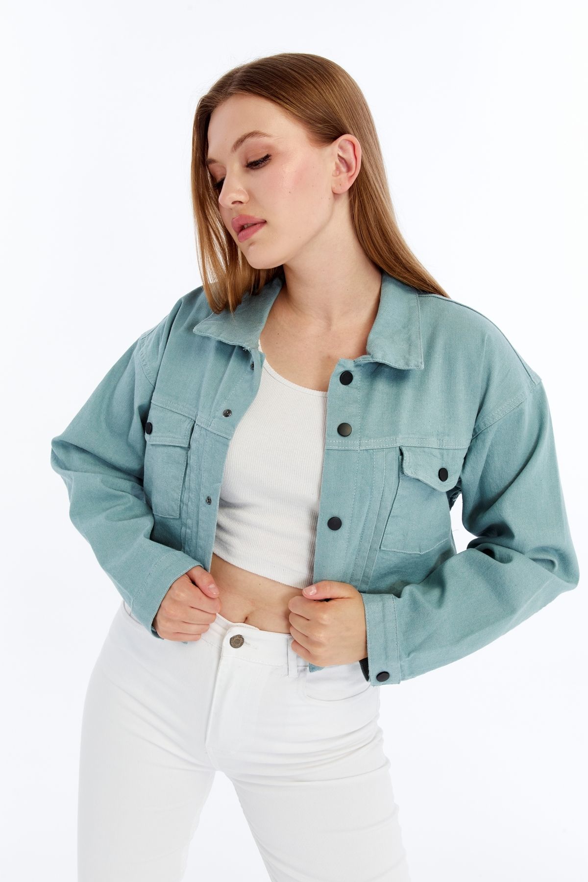 CHOS7N-Women's Bomber Gabardine Jacket Snap Button College Denim Jacket with Pockets Colorful Easy to Match Jacket 5