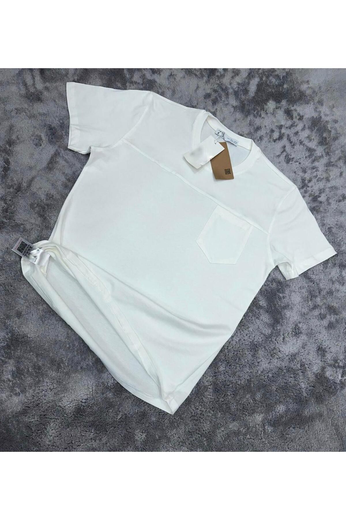 BY FAS MAN Erkek Beyaz Basic Cepli T-shirt