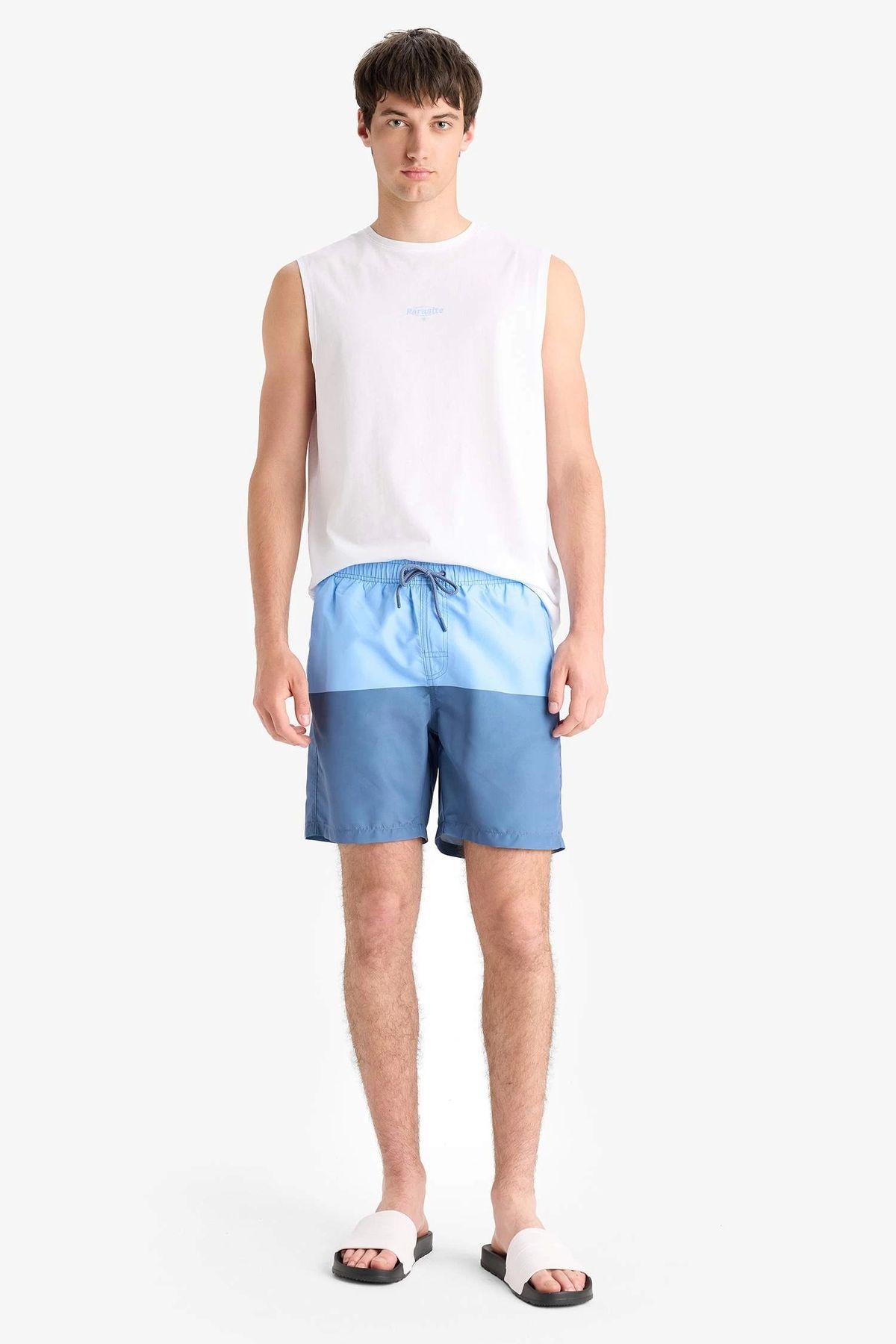 DeFacto-Z8108 Blue Regular Fit Color Block Mesh Lined Above Knee Swim Shorts 3