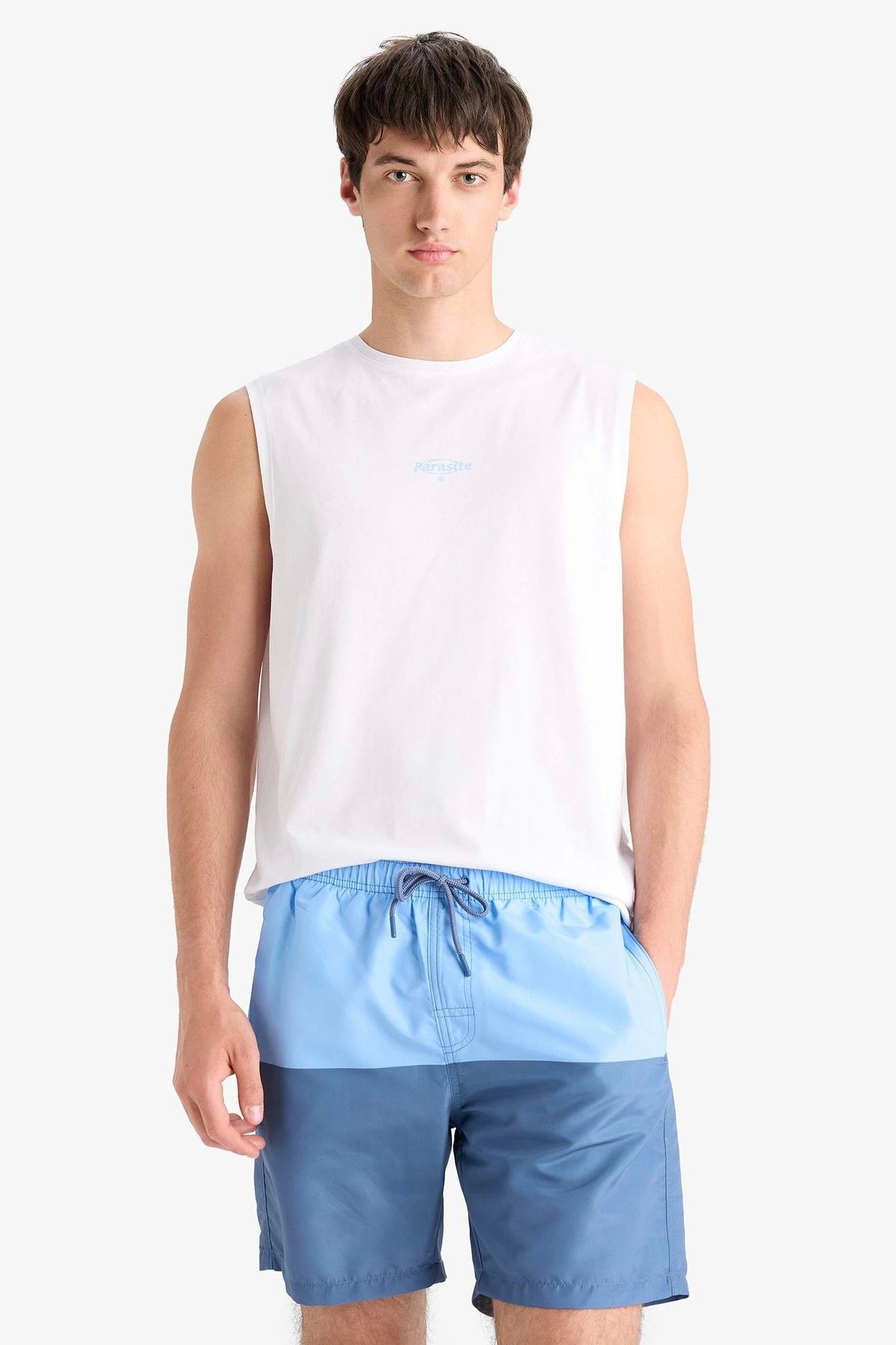 DeFacto-Z8108 Blue Regular Fit Color Block Mesh Lined Above Knee Swim Shorts 4