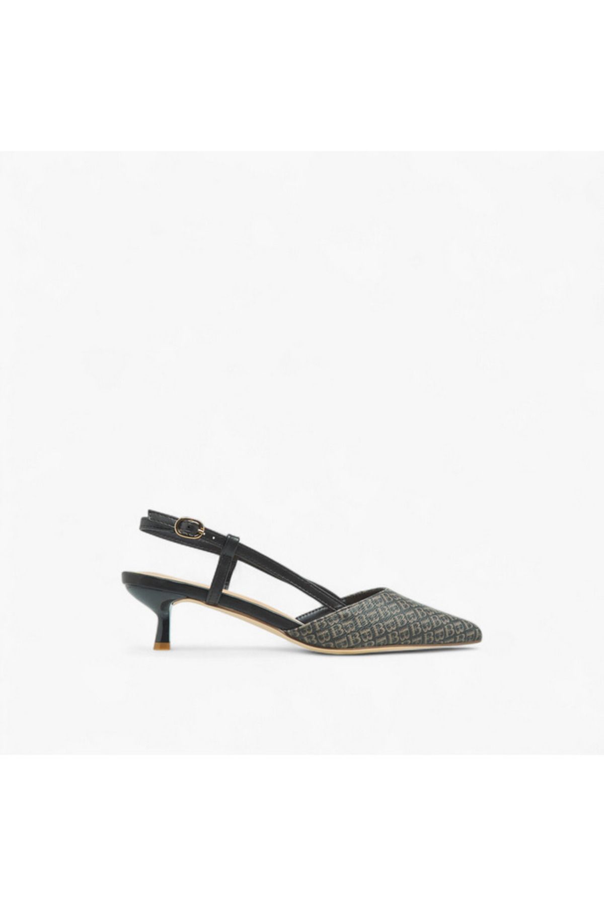 Flora Bella by Shoexpress-Flora Bella Monogram Print Pointed Toe Shoes with Kitten Heels and Buckle Closure 3